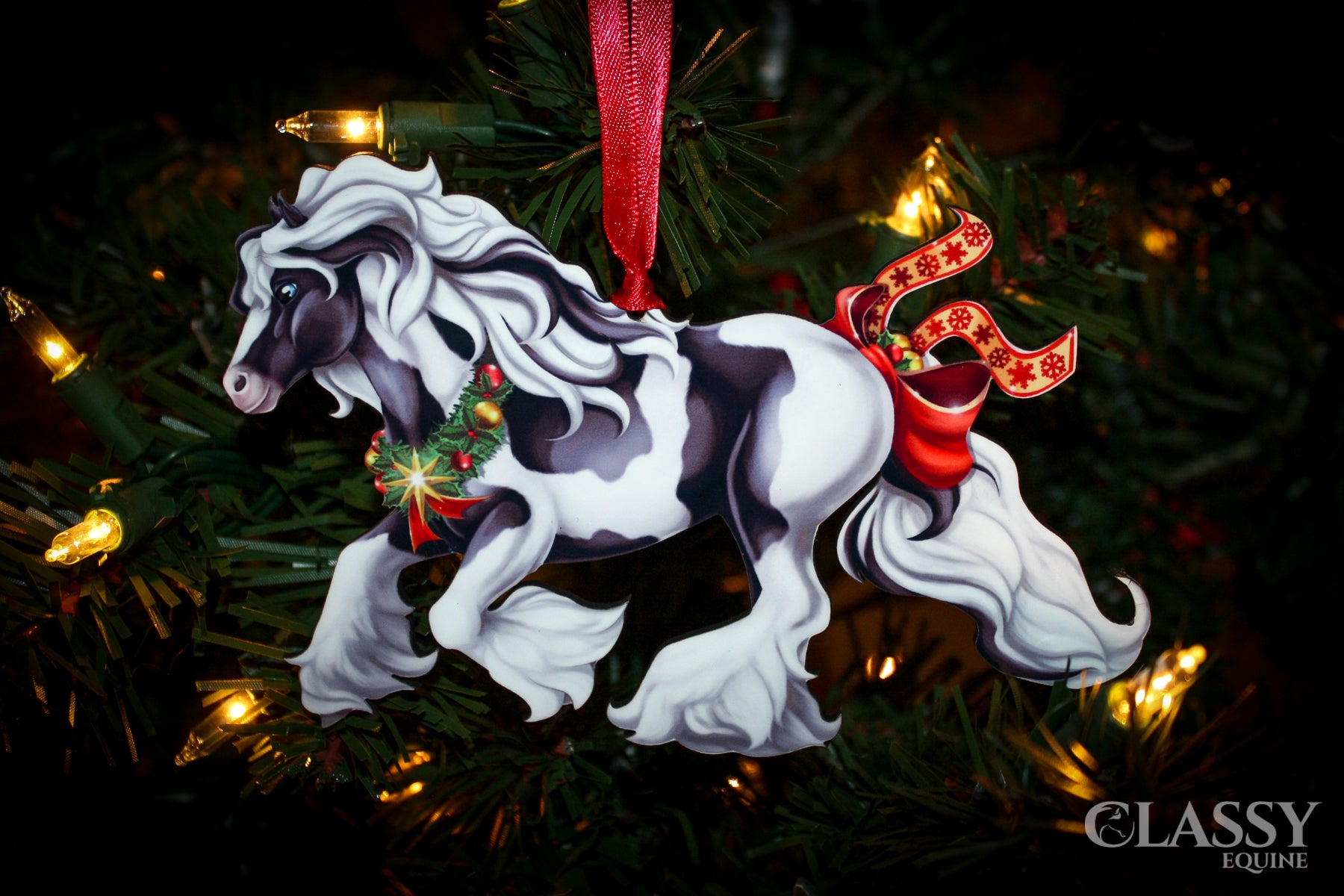 Gypsy Vanner Horse Christmas Ornament featuring a cantering tobiano design with festive decorations.