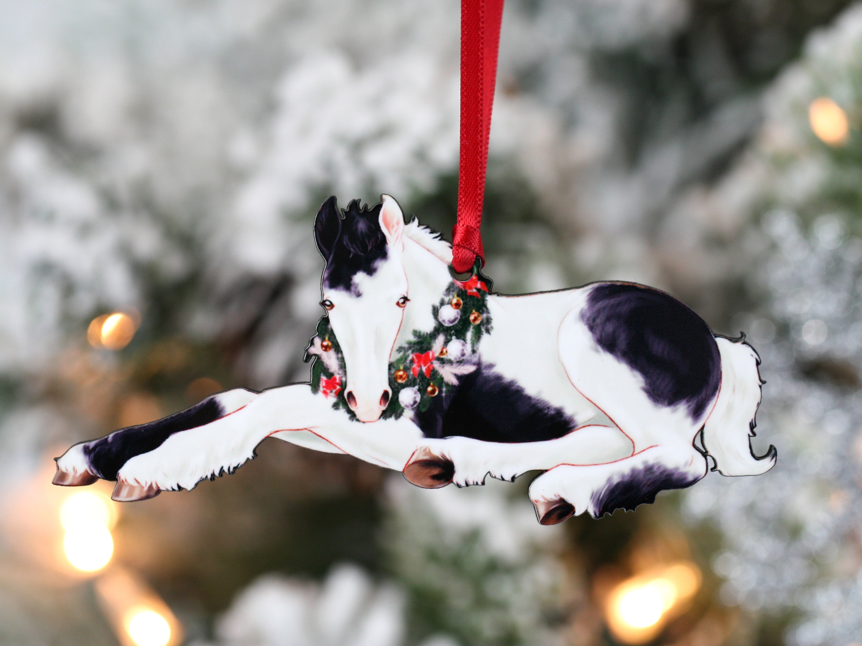 Gypsy Vanner Horse Christmas Ornament featuring a black and white tobiano foal, handmade from composite wood.