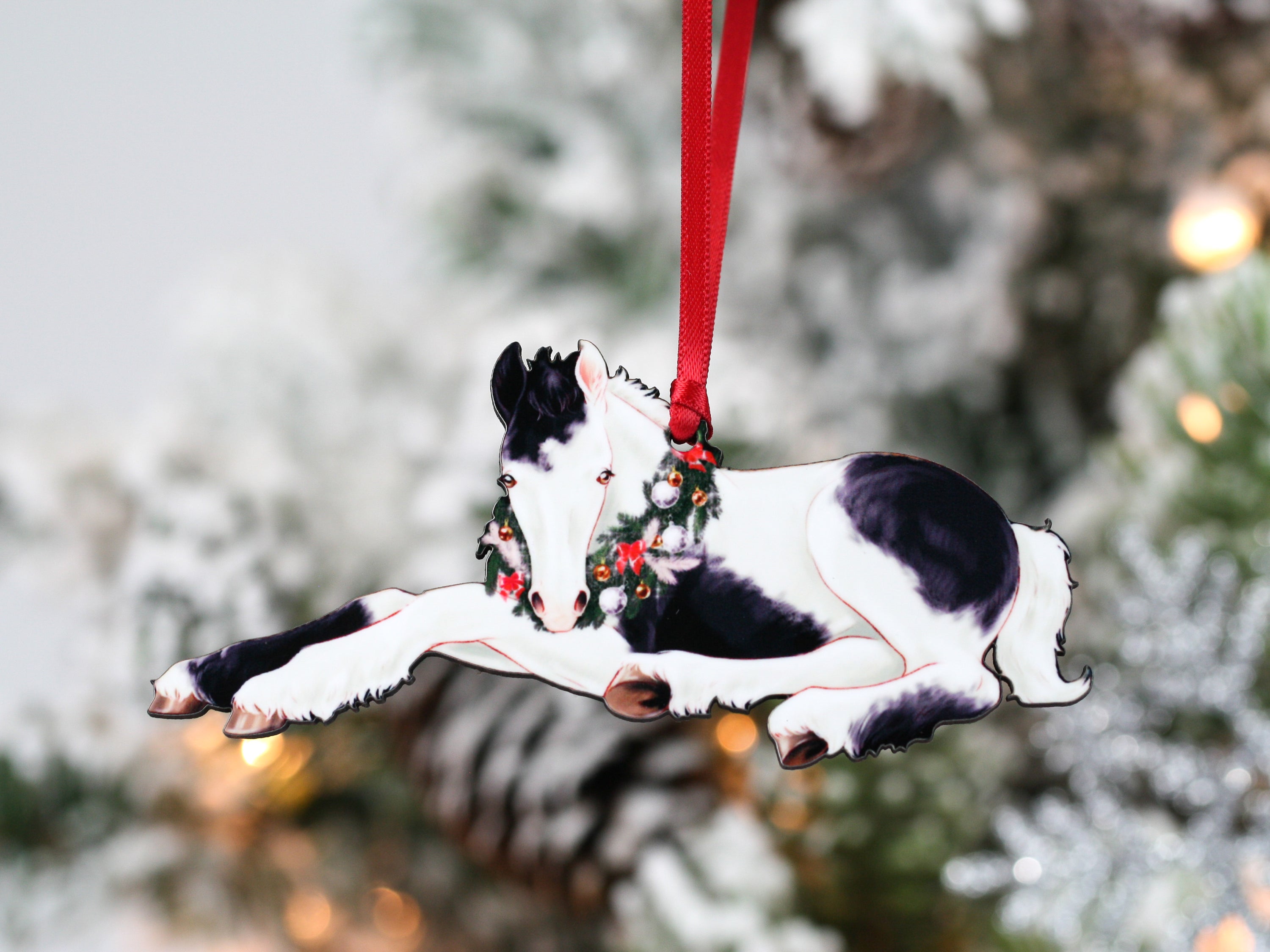 Gypsy Vanner Horse Christmas Ornament featuring a black and white tobiano foal, handmade from composite wood.