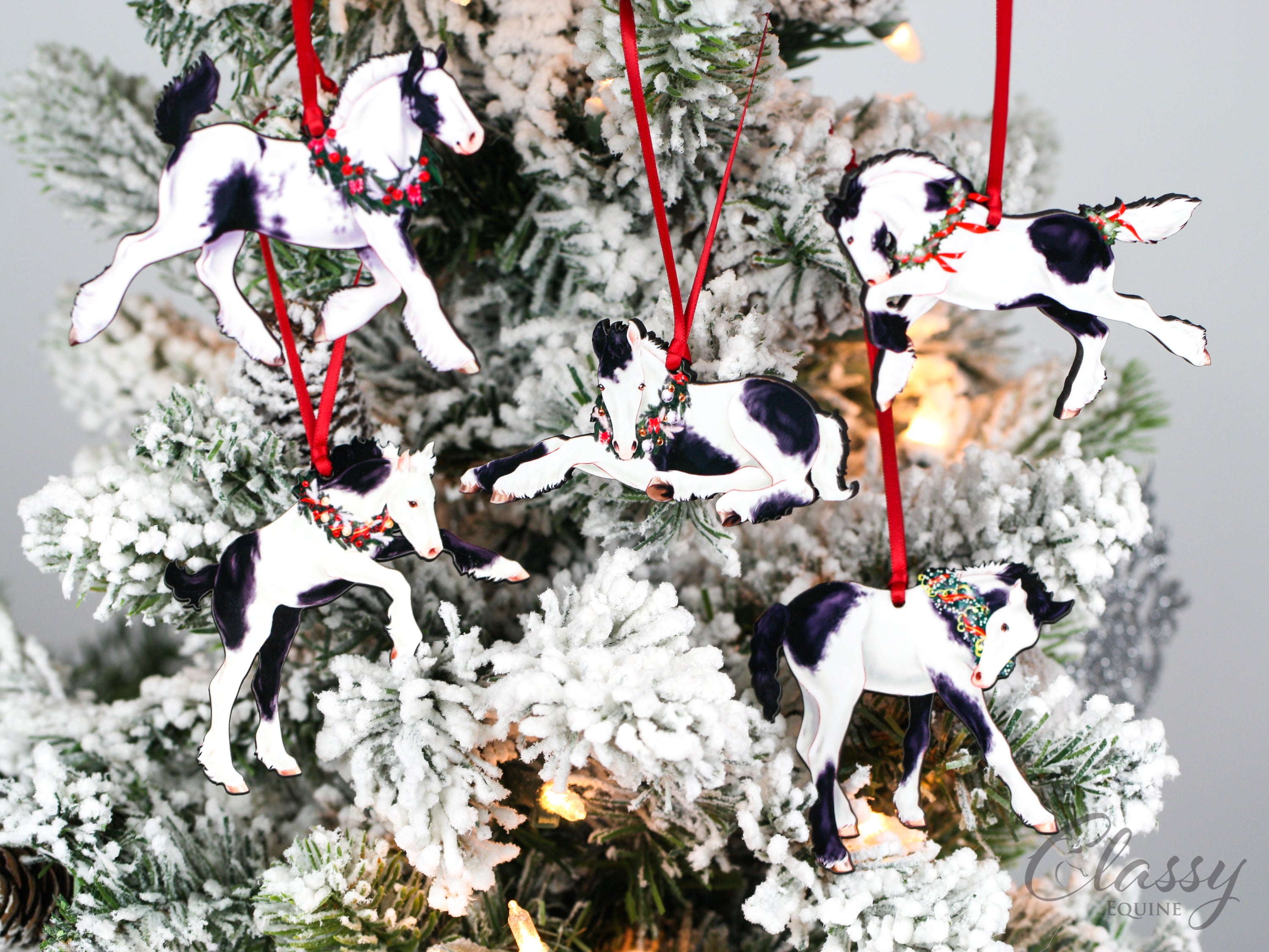 Set of 5 handmade Gypsy Vanner horse foal Christmas ornaments, crafted from composite wood, perfect for holiday decoration.