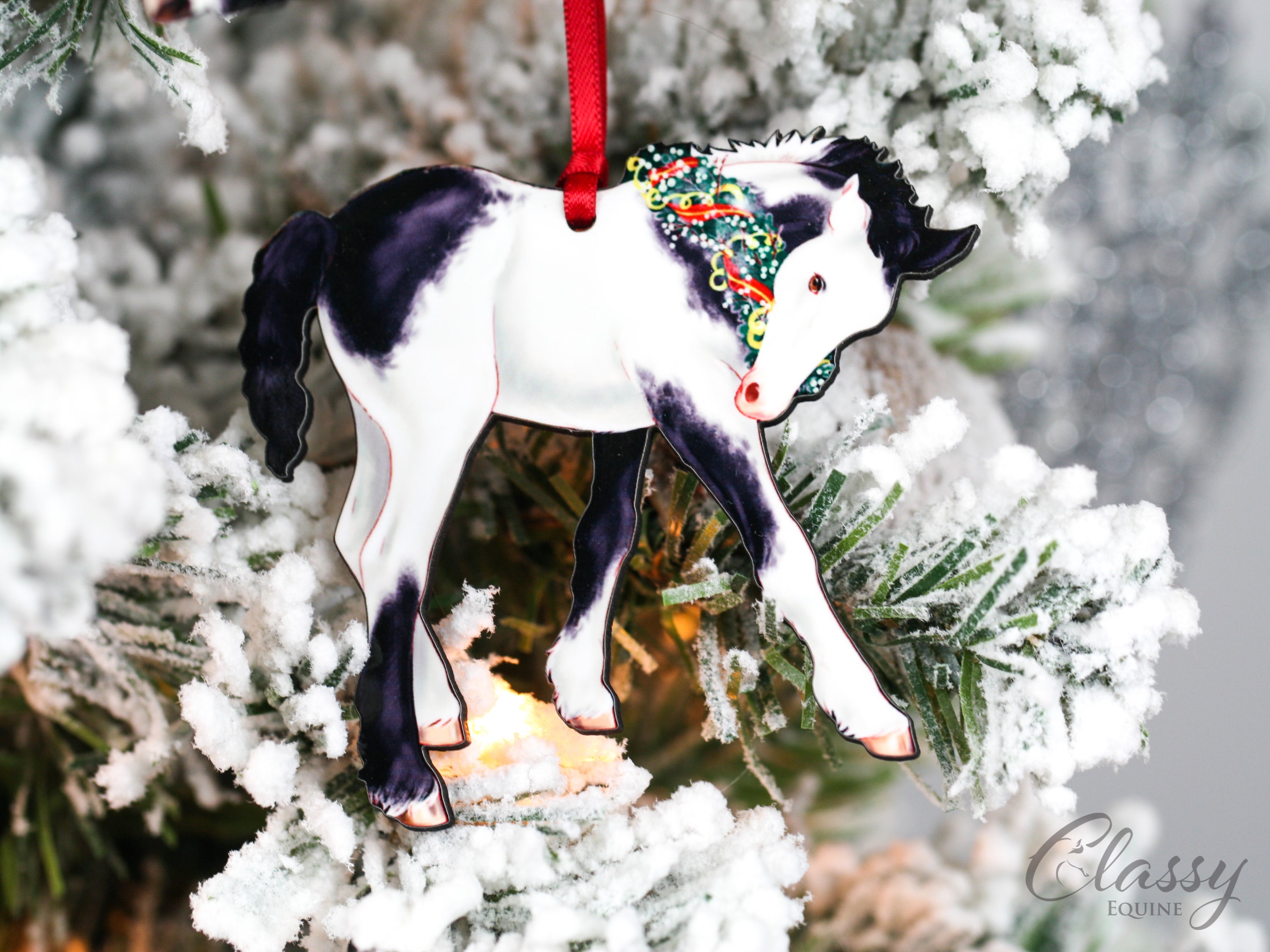 Set of 5 handmade Gypsy Vanner horse foal Christmas ornaments, crafted from composite wood, perfect for holiday decoration.