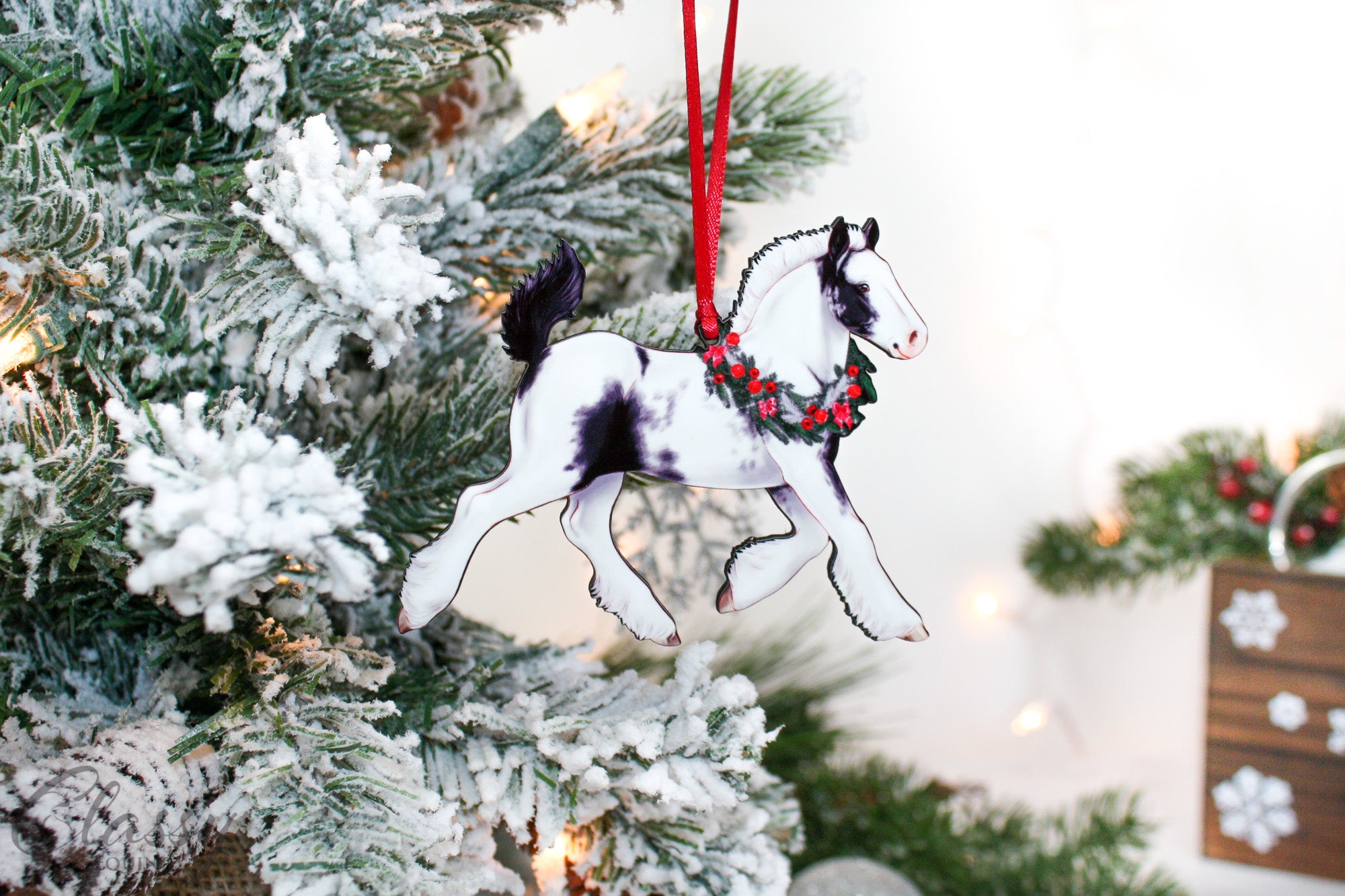 Set of 5 handmade Gypsy Vanner horse foal Christmas ornaments, crafted from composite wood, perfect for holiday decoration.