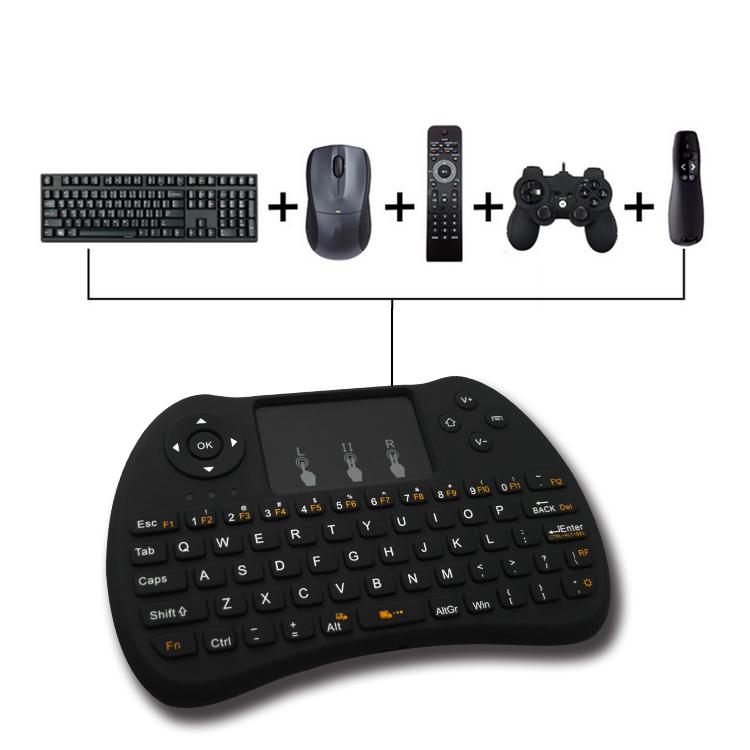 H9 Wireless Mini Keyboard with Backlight featuring a full QWERTY layout and integrated touchpad, designed for seamless control and navigation.