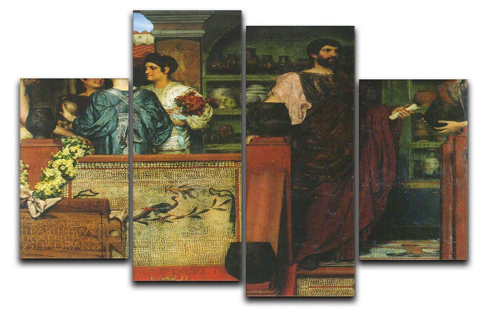 A 4-split canvas artwork depicting Hadrian visiting a Roman British pottery, showcasing intricate details and vibrant colors across four panels.