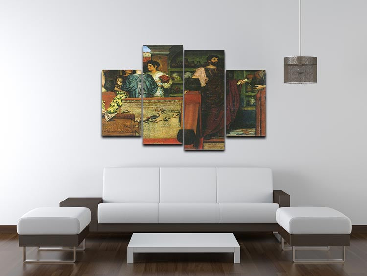 A 4-split canvas artwork depicting Hadrian visiting a Roman British pottery, showcasing intricate details and vibrant colors across four panels.