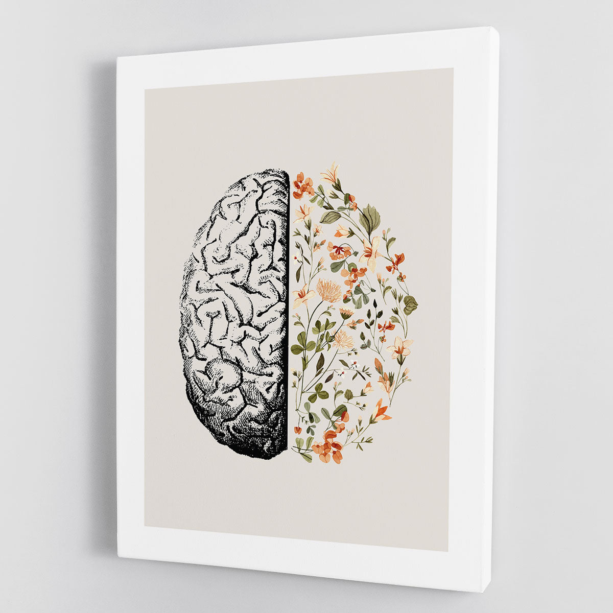 Half Brain Half Bloom canvas print featuring a vibrant brain intertwined with blooming flowers, symbolizing creativity and nature.