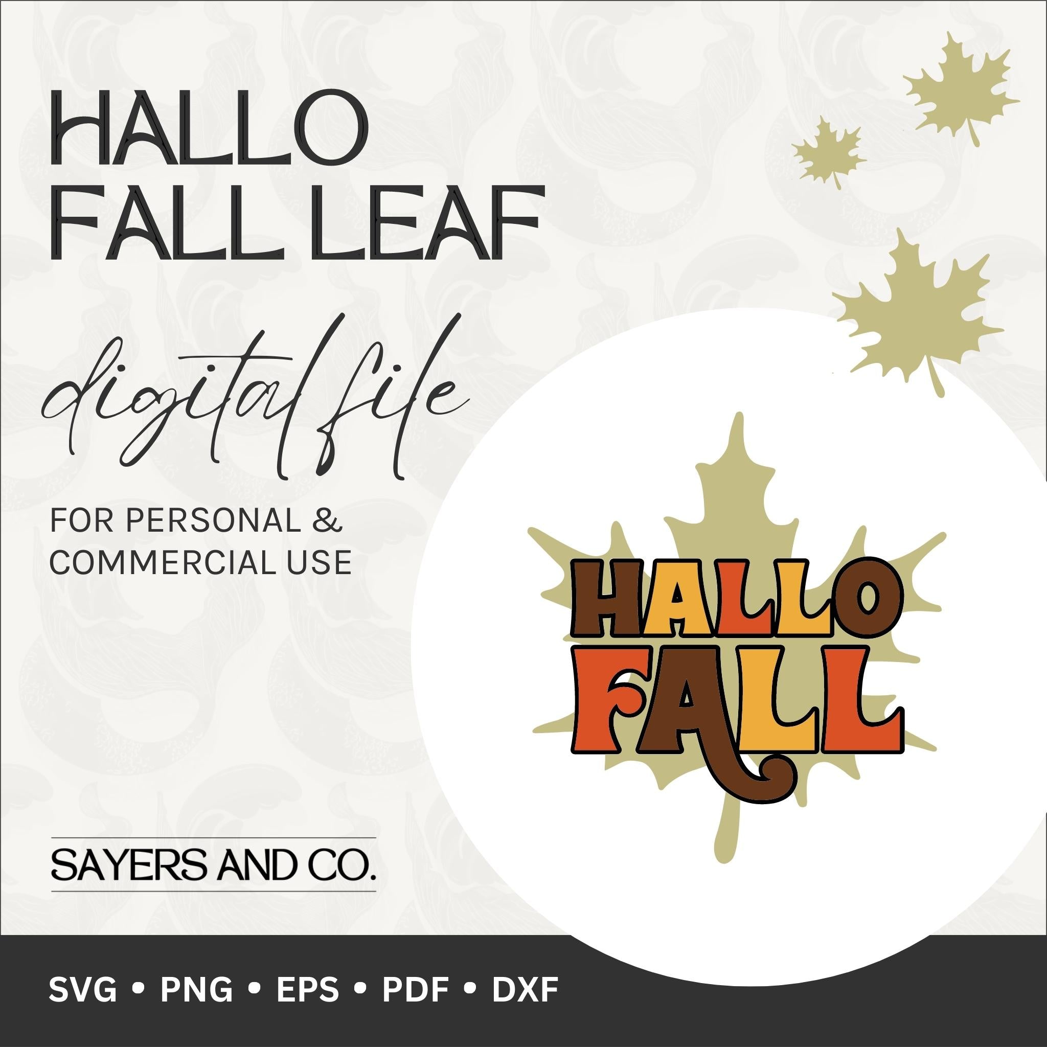 Colorful Hallo Fall Leaf Digital Files showcasing autumn leaves in various formats including SVG, PNG, EPS, PDF, and DXF.