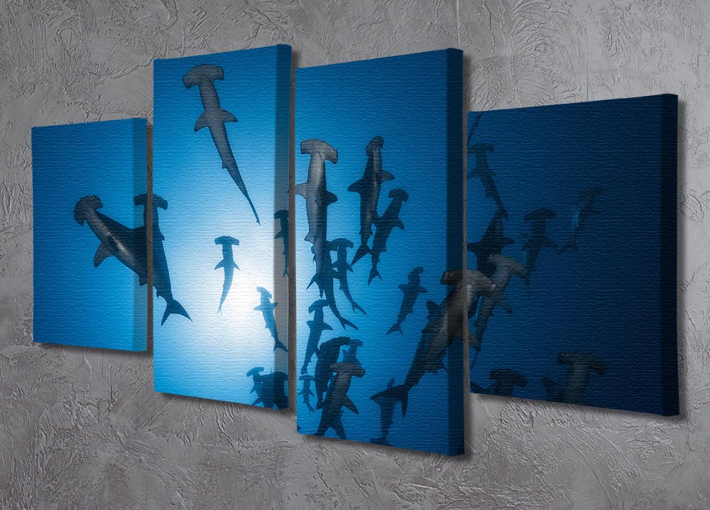 A stunning 4-split canvas artwork featuring a hammerhead shark, showcasing vibrant colors and intricate details across four panels.