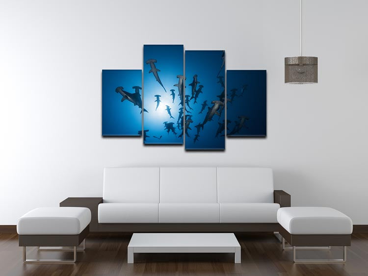 A stunning 4-split canvas artwork featuring a hammerhead shark, showcasing vibrant colors and intricate details across four panels.