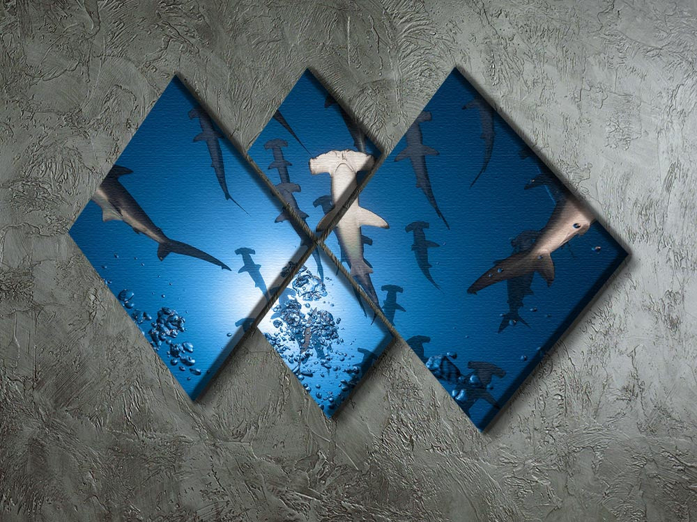 A stunning multi-panel canvas artwork featuring a hammerhead shark, divided into four equal square sections, showcasing vibrant colors and intricate details.