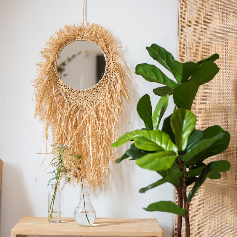 Handcraft Grass Hanging Round Mirror featuring a natural khaki color and unique straw design, perfect for home decor.