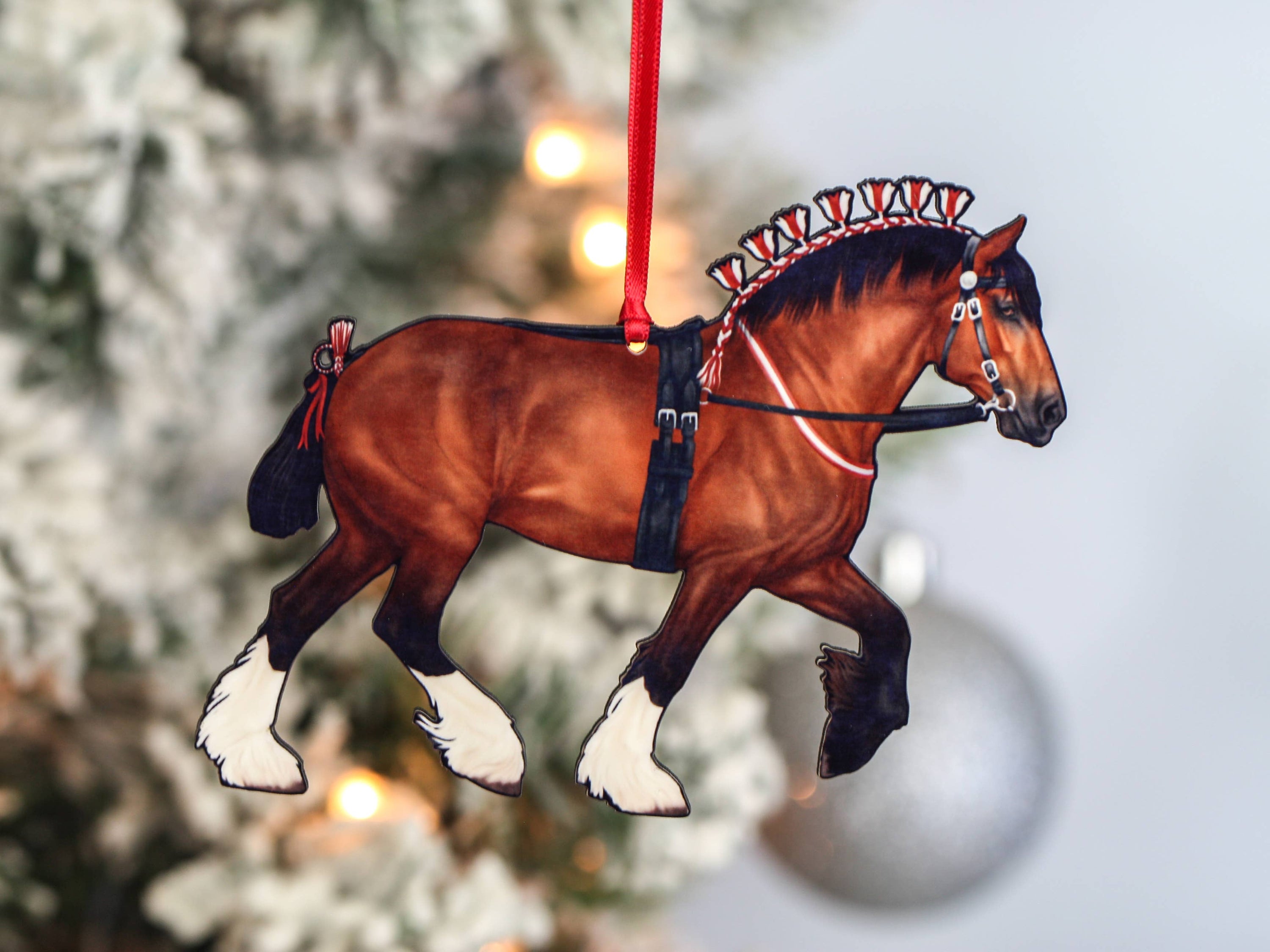 Handcrafted Bay II Shire Draft Horse Christmas Ornament featuring a majestic bay stallion with white stockings, perfect for holiday decor.