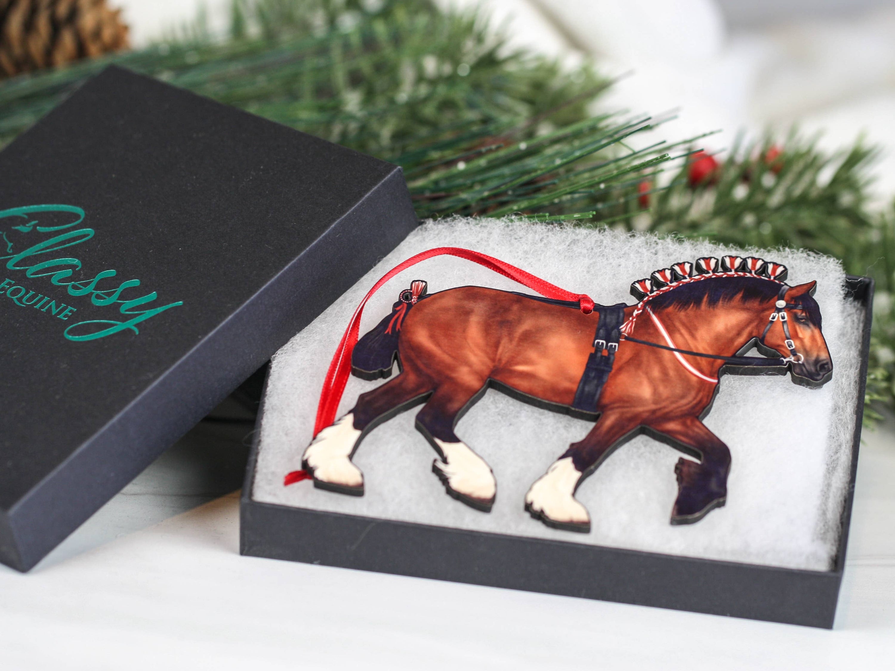 Handcrafted Bay II Shire Draft Horse Christmas Ornament featuring a majestic bay stallion with white stockings, perfect for holiday decor.