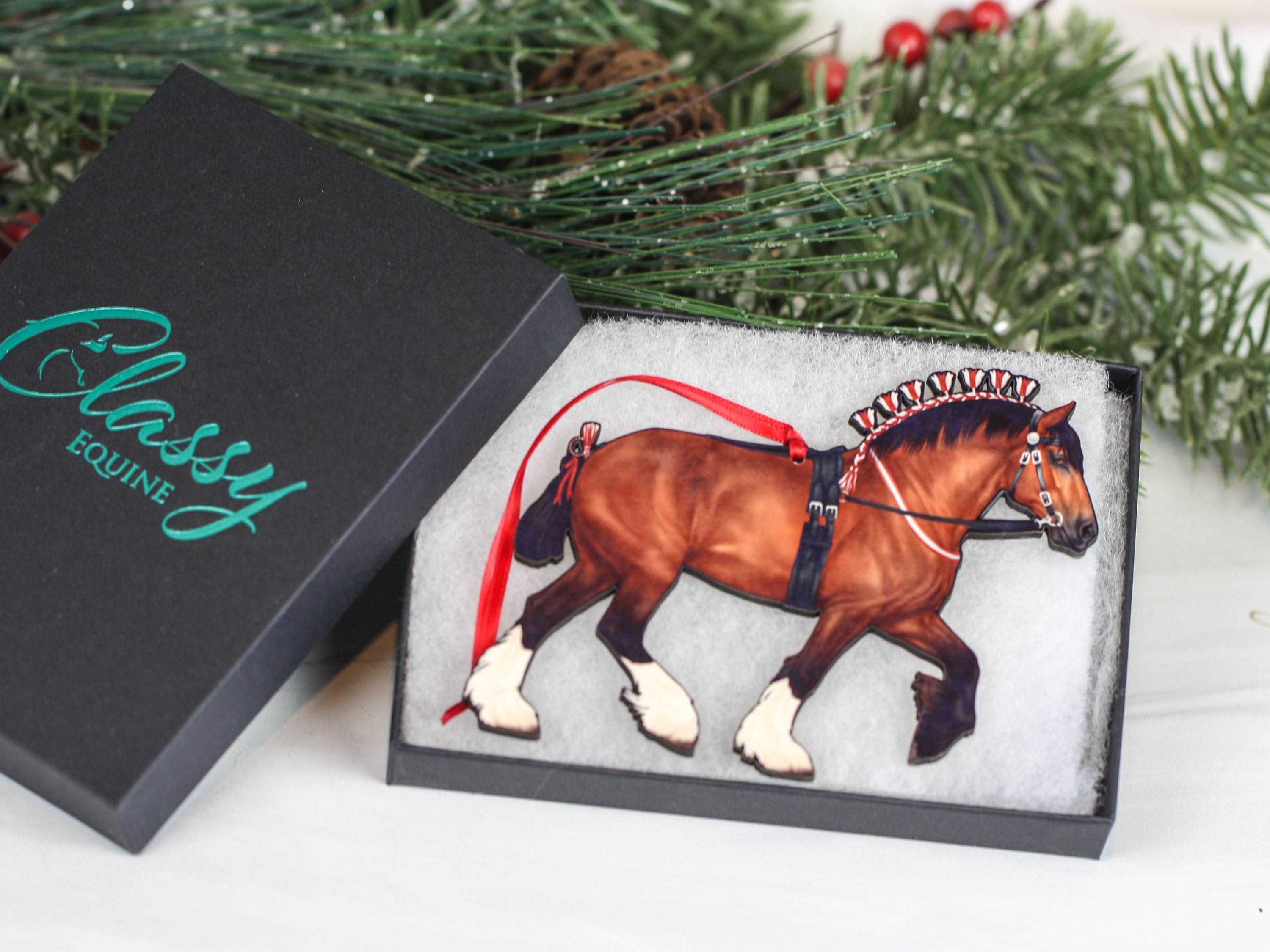 Handcrafted Bay II Shire Draft Horse Christmas Ornament featuring a majestic bay stallion with white stockings, perfect for holiday decor.