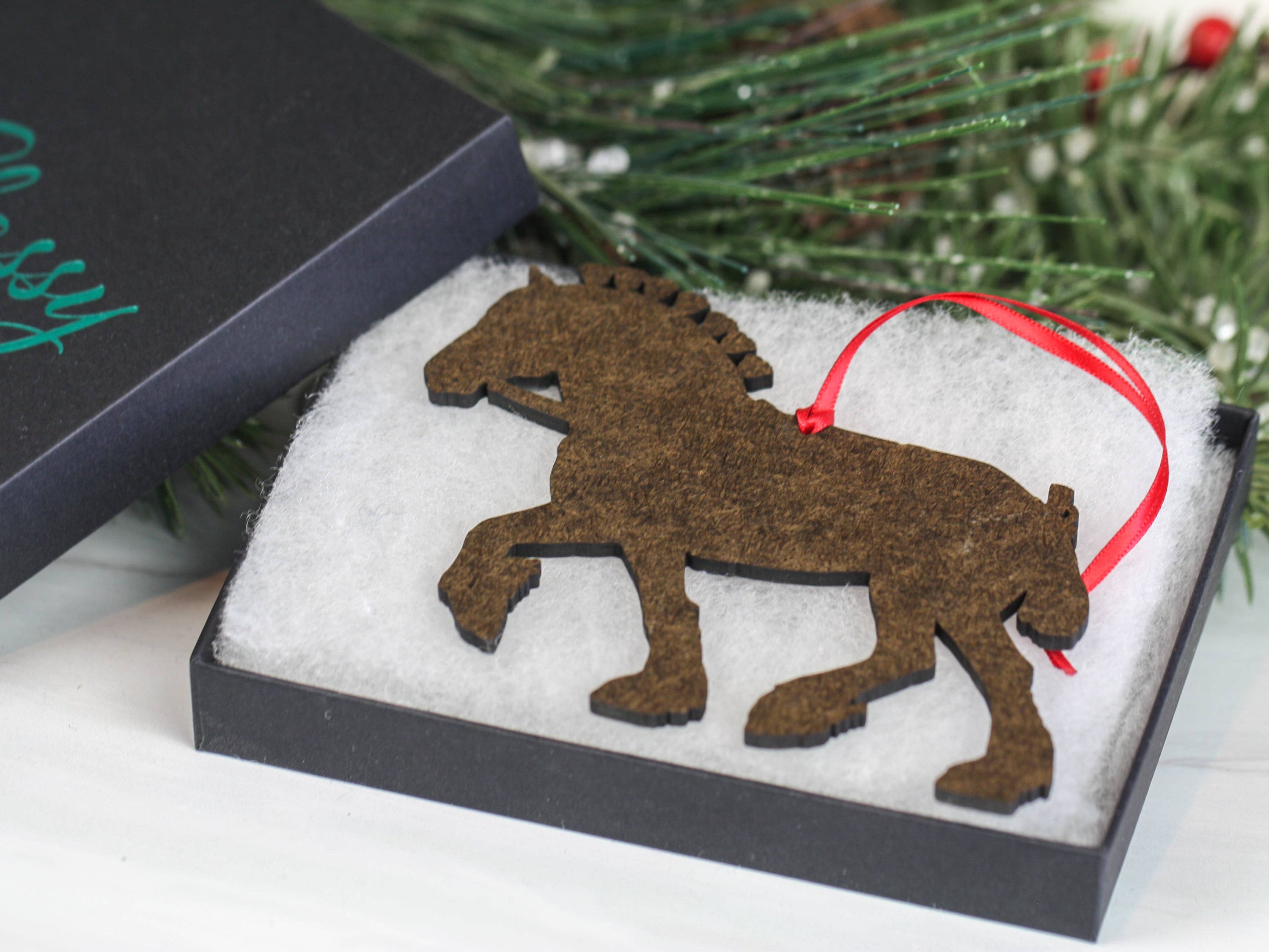 Handcrafted Bay II Shire Draft Horse Christmas Ornament featuring a majestic bay stallion with white stockings, perfect for holiday decor.