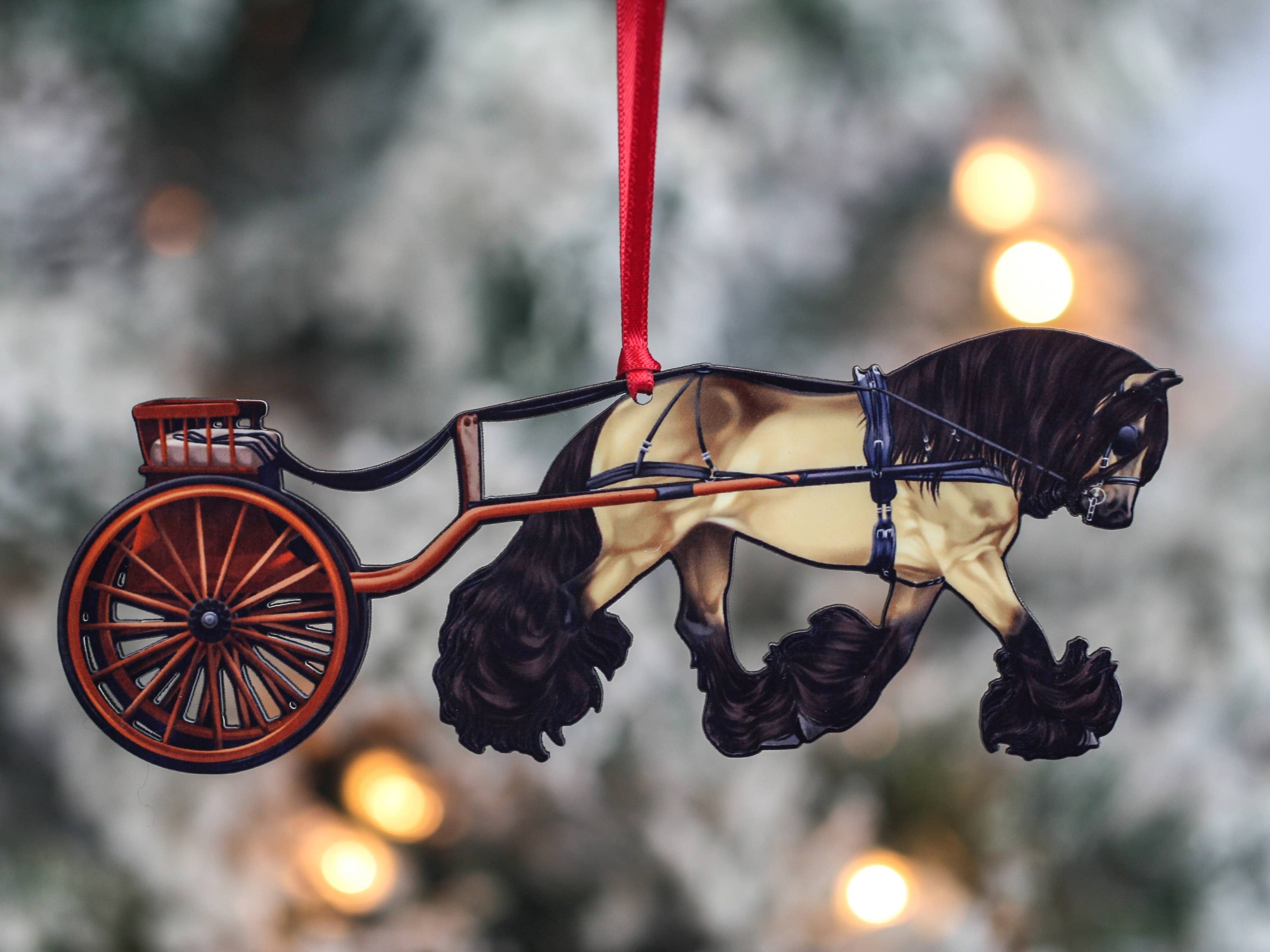 Handcrafted Buckskin Gypsy Cob Carriage Ornament, showcasing a detailed laser-cut design in various colors, perfect for holiday decor.