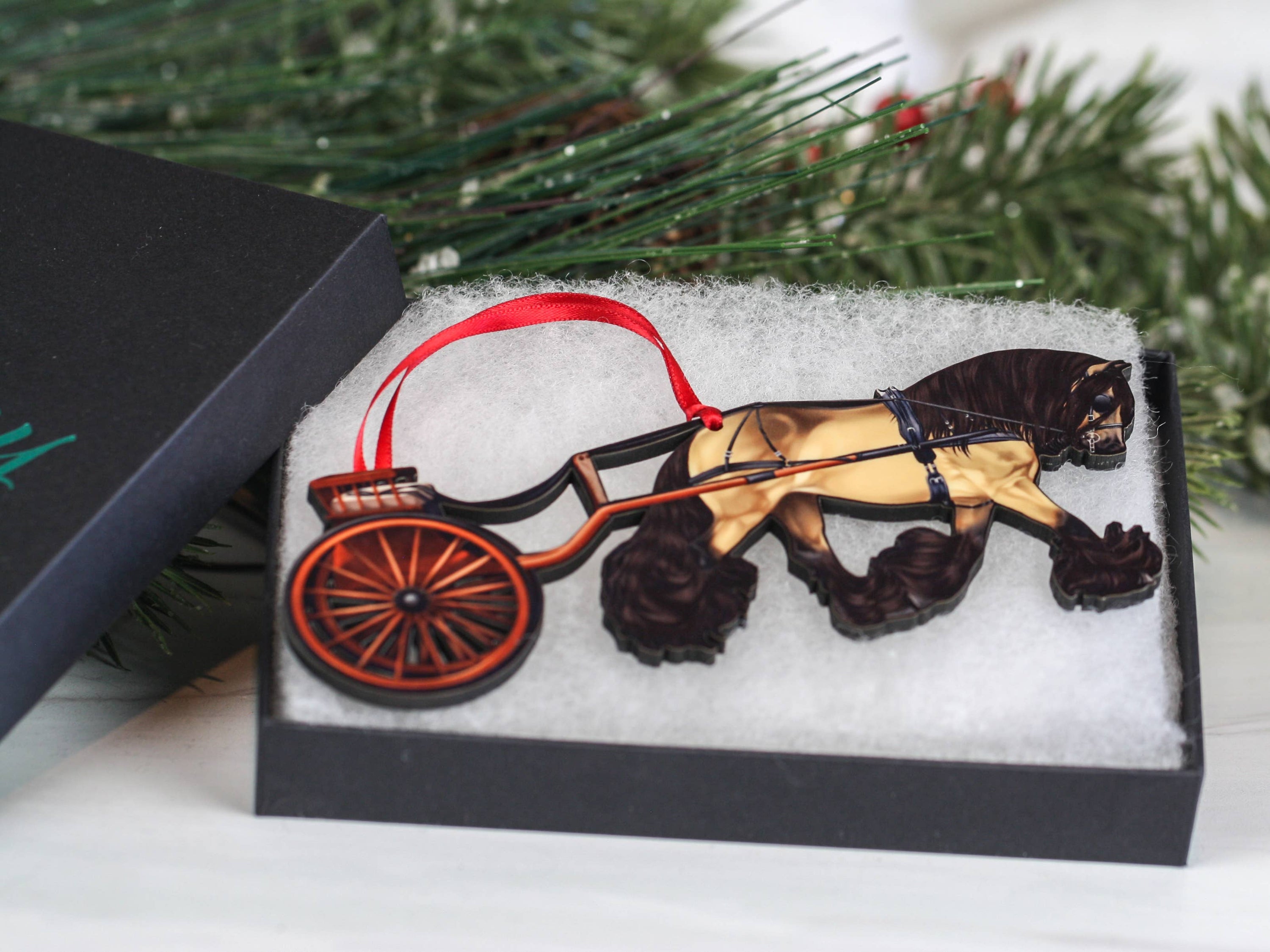 Handcrafted Buckskin Gypsy Cob Carriage Ornament, showcasing a detailed laser-cut design in various colors, perfect for holiday decor.