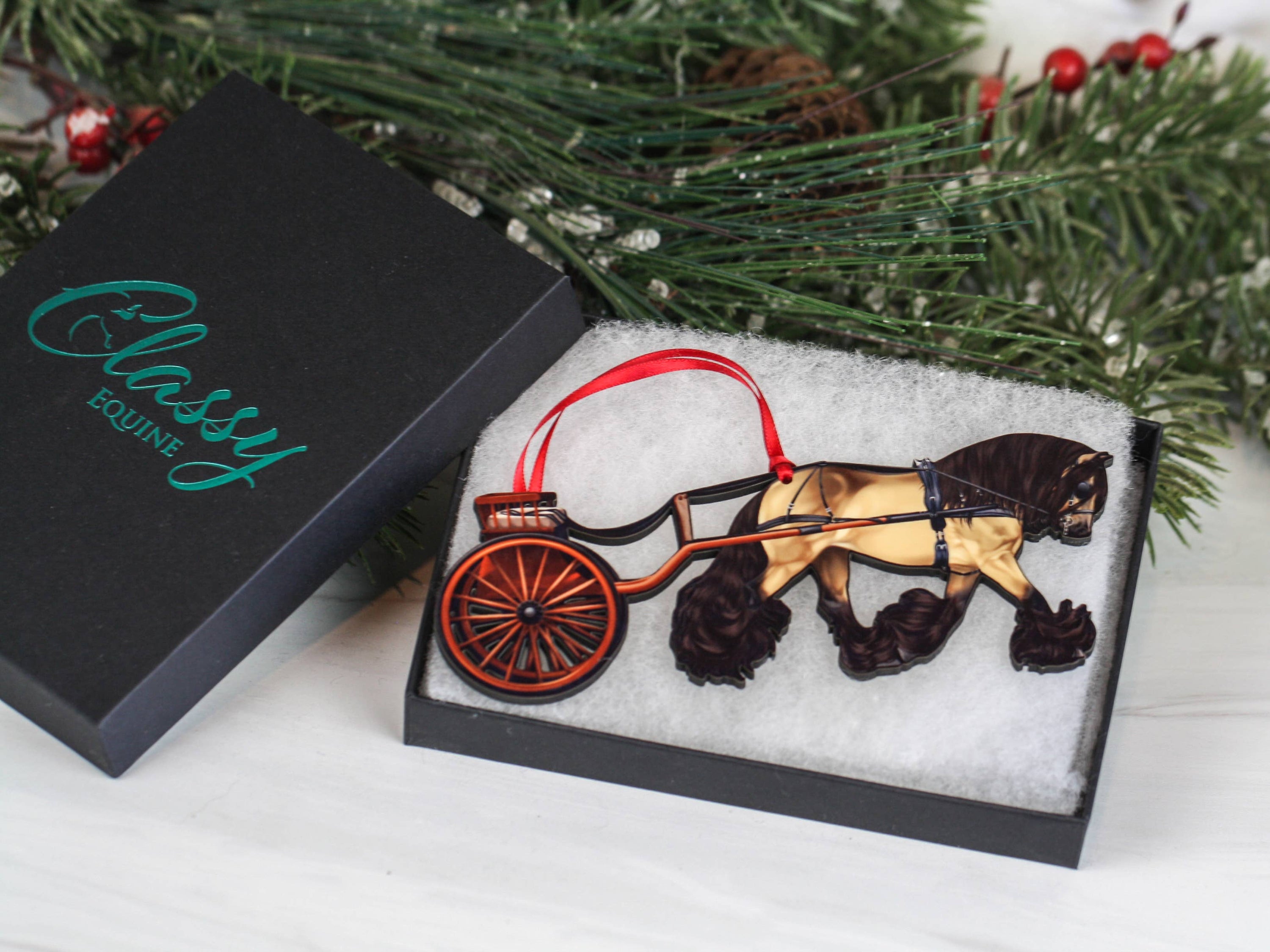 Handcrafted Buckskin Gypsy Cob Carriage Ornament, showcasing a detailed laser-cut design in various colors, perfect for holiday decor.