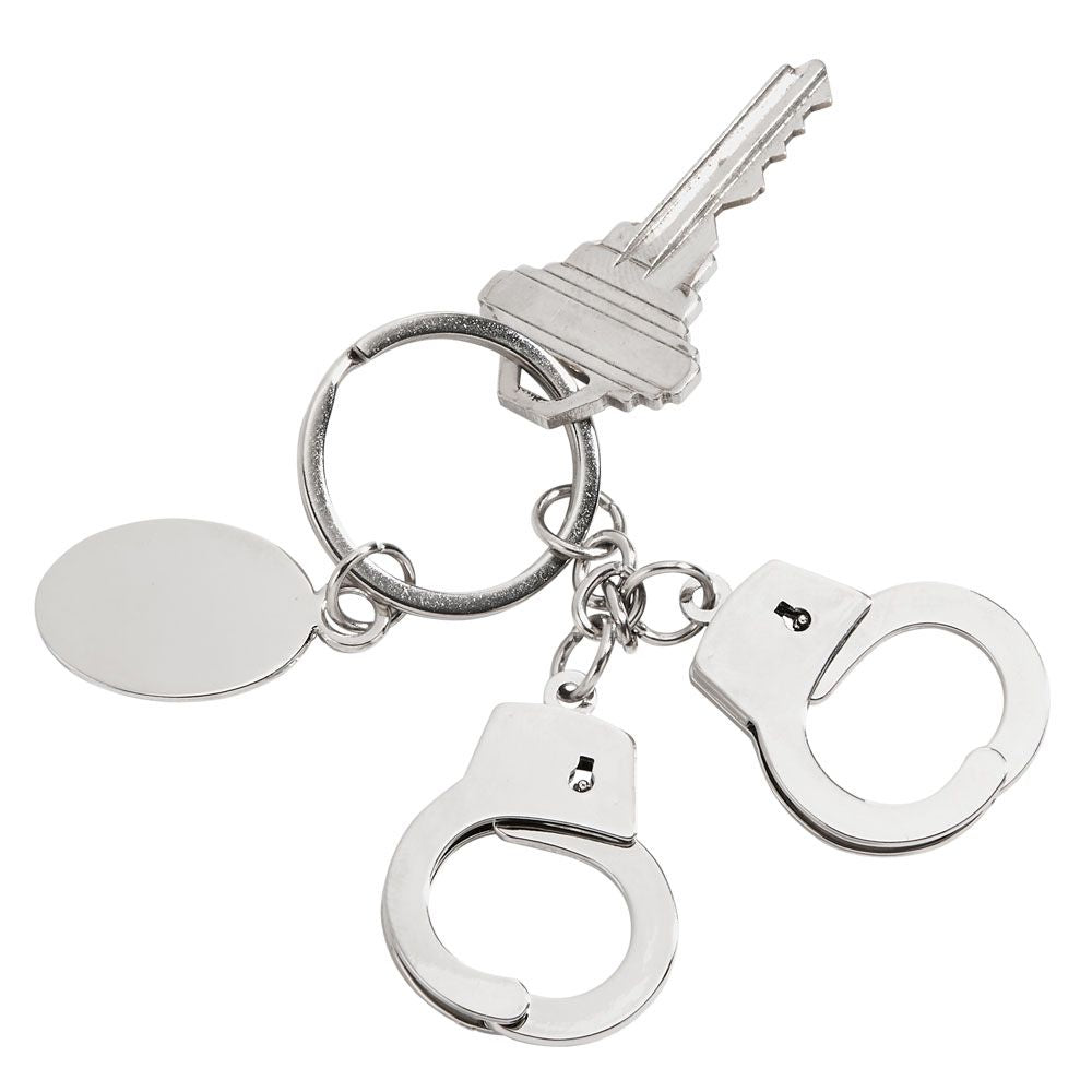 A stylish handcuff keychain featuring functional handcuffs that open and close, with a non-tarnish nickel plated finish and an engraving tag.