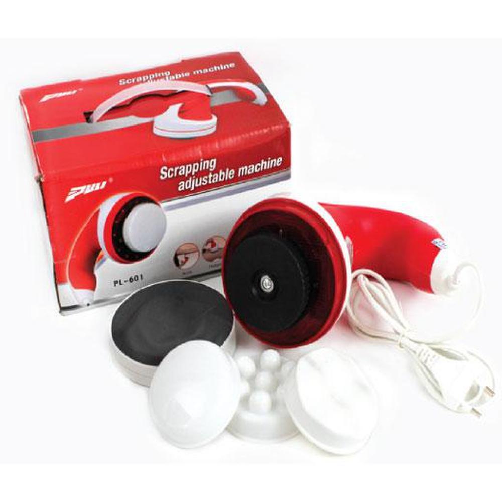 Handheld Vibration Massager in red color with four interchangeable heads, showcasing ergonomic design and adjustable speed settings.