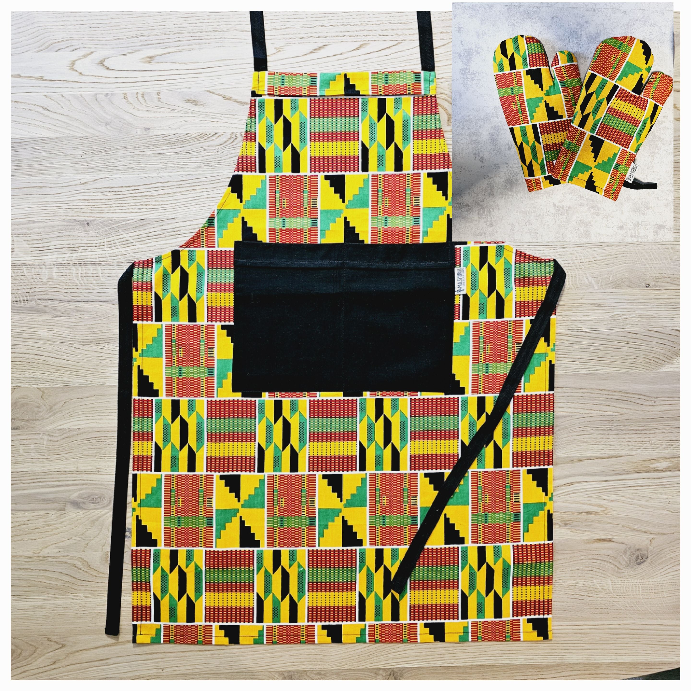 Handmade African Print Apron with matching oven gloves, showcasing vibrant colors and deep pockets, crafted from 100% cotton.