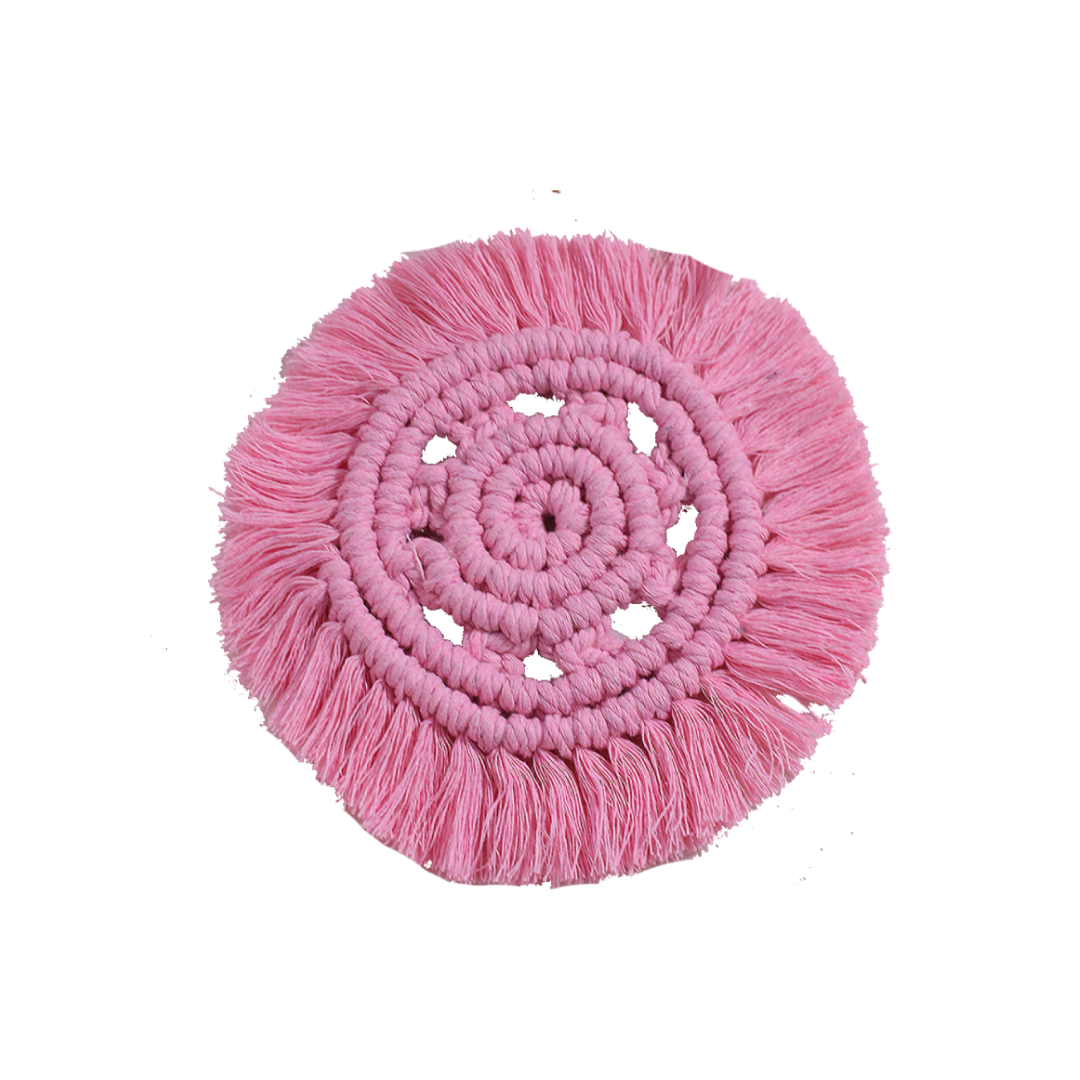 Hand-made round coaster with tassels, made of eco-friendly cotton, perfect for home decor.