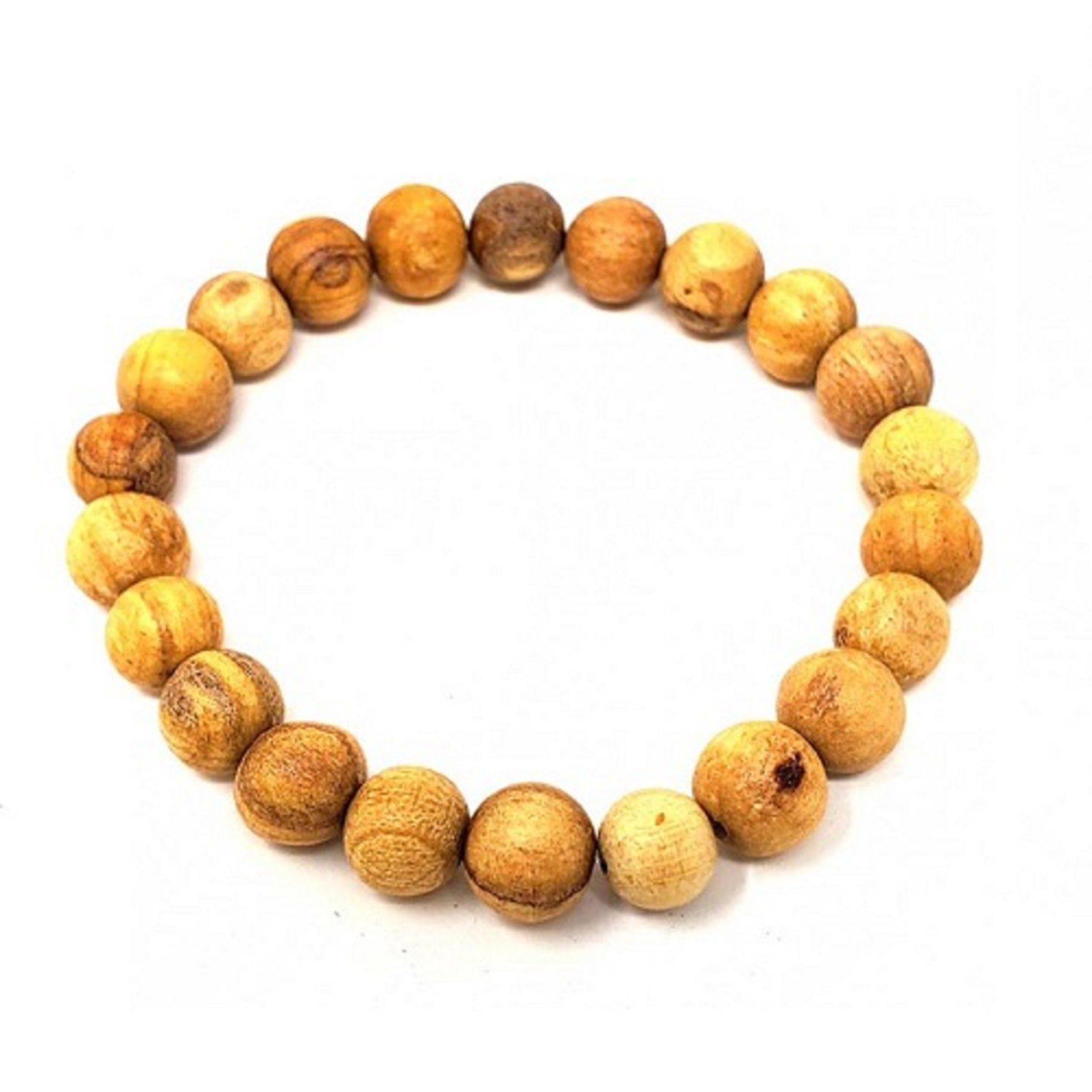 Handmade Palo Santo aromatic bracelet featuring round beads made from real Palo Santo wood, strung on a stretchy cord.