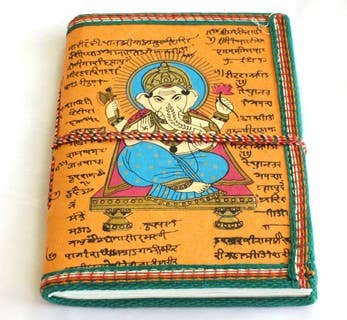 Handmade Paper Notebook featuring a beautiful Ganesha design, eco-friendly cotton paper, and a softcover with a cotton cord closure.