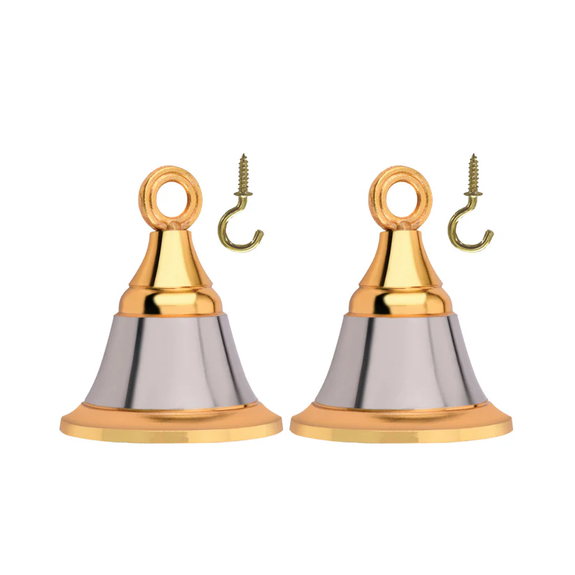 Exquisite hanging bells for pooja mandir with silver and gold finish, crafted from premium Zinc, showcasing vintage design.