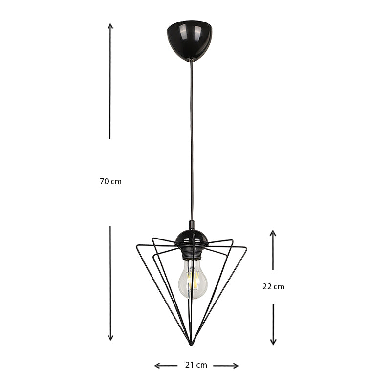 Hanging Lamp NEEDLE in black metallic finish, showcasing its sleek design and dimensions of 21x21x70 cm.