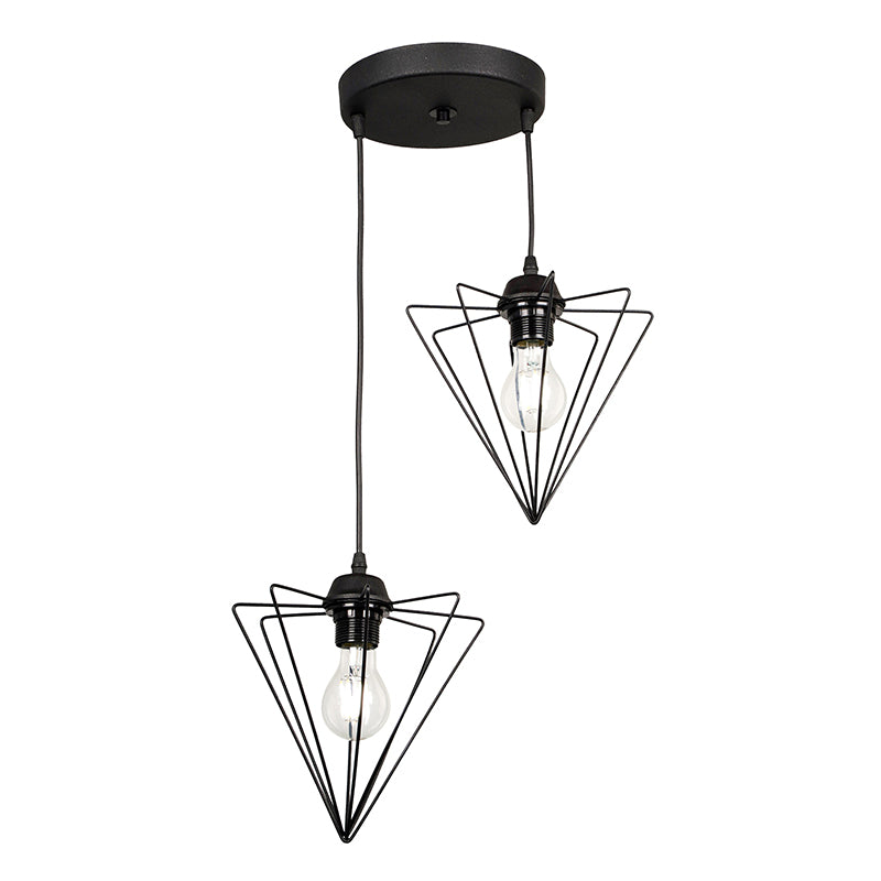 Hanging Lamp NEEDLE with two E27 lights in black metallic finish, showcasing its sleek design and dimensions.