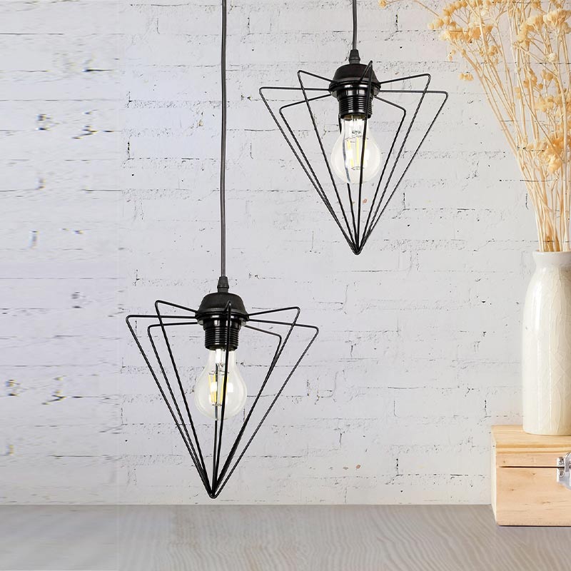Hanging Lamp NEEDLE with two E27 lights in black metallic finish, showcasing its sleek design and dimensions.