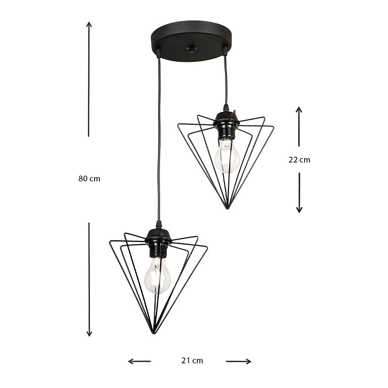 Hanging Lamp NEEDLE with two E27 lights in black metallic finish, showcasing its sleek design and dimensions.