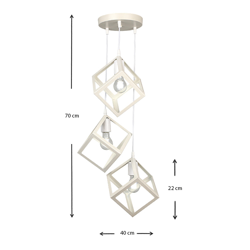 Hanging Lamp TRIO in white with three E27 bulb fittings, showcasing its elegant metallic design and dimensions.