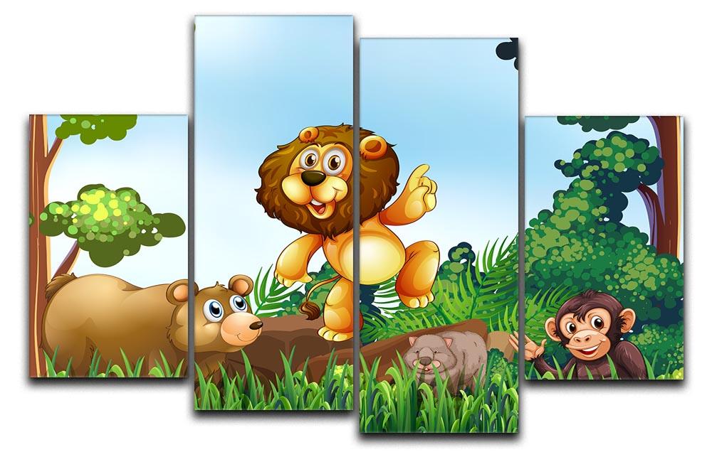 A vibrant 4-panel canvas artwork featuring happy jungle animals in their natural habitat, showcasing colorful details and dynamic design.