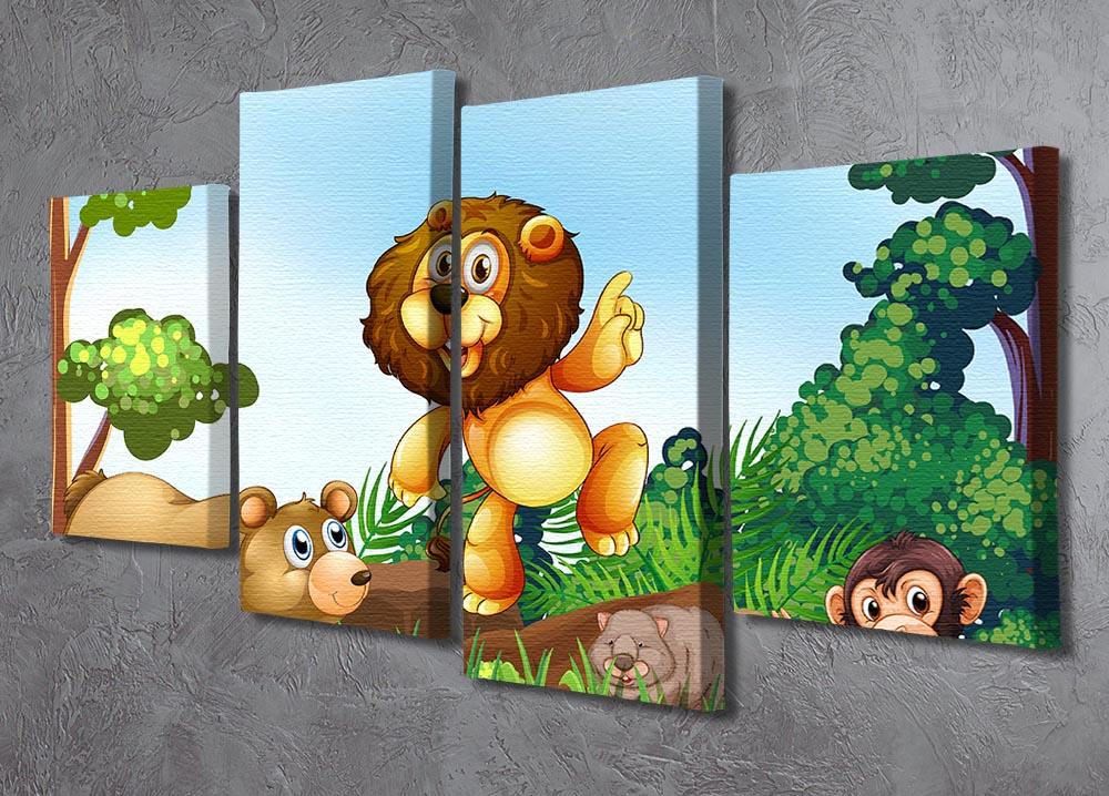 A vibrant 4-panel canvas artwork featuring happy jungle animals in their natural habitat, showcasing colorful details and dynamic design.