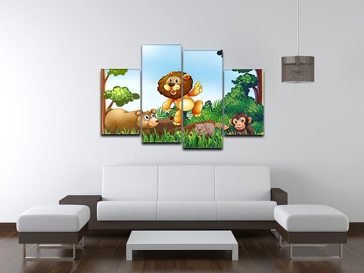 A vibrant 4-panel canvas artwork featuring happy jungle animals in their natural habitat, showcasing colorful details and dynamic design.