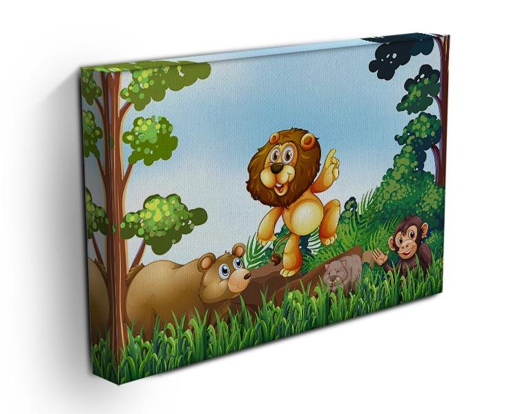 A vibrant canvas print featuring happy jungle animals, showcasing colorful wildlife in a lush green setting, perfect for home decor.