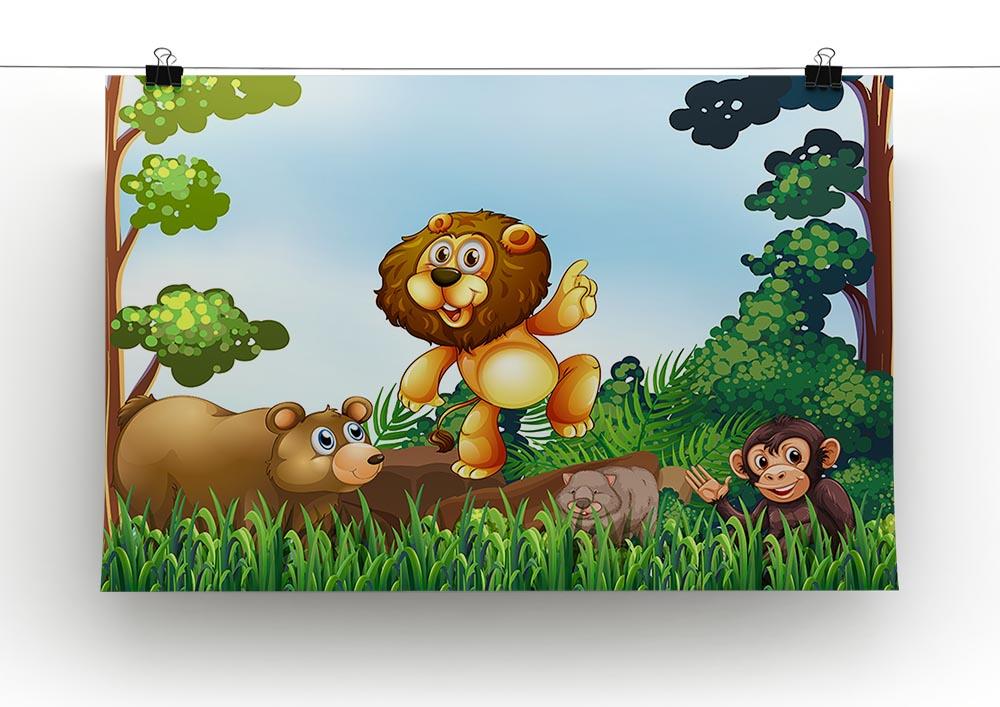 A vibrant canvas print featuring happy jungle animals, showcasing colorful wildlife in a lush green setting, perfect for home decor.