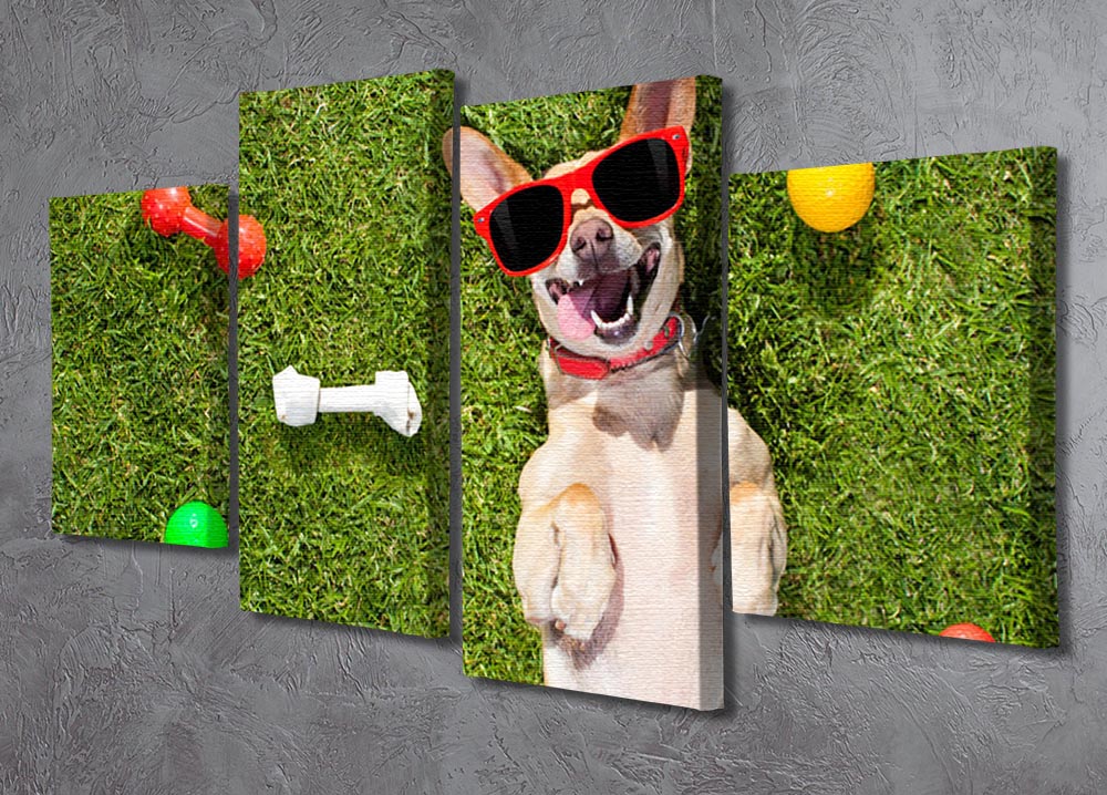 A vibrant 4-split canvas artwork featuring a happy chihuahua terrier dog in a park, showcasing a colorful and dynamic design.