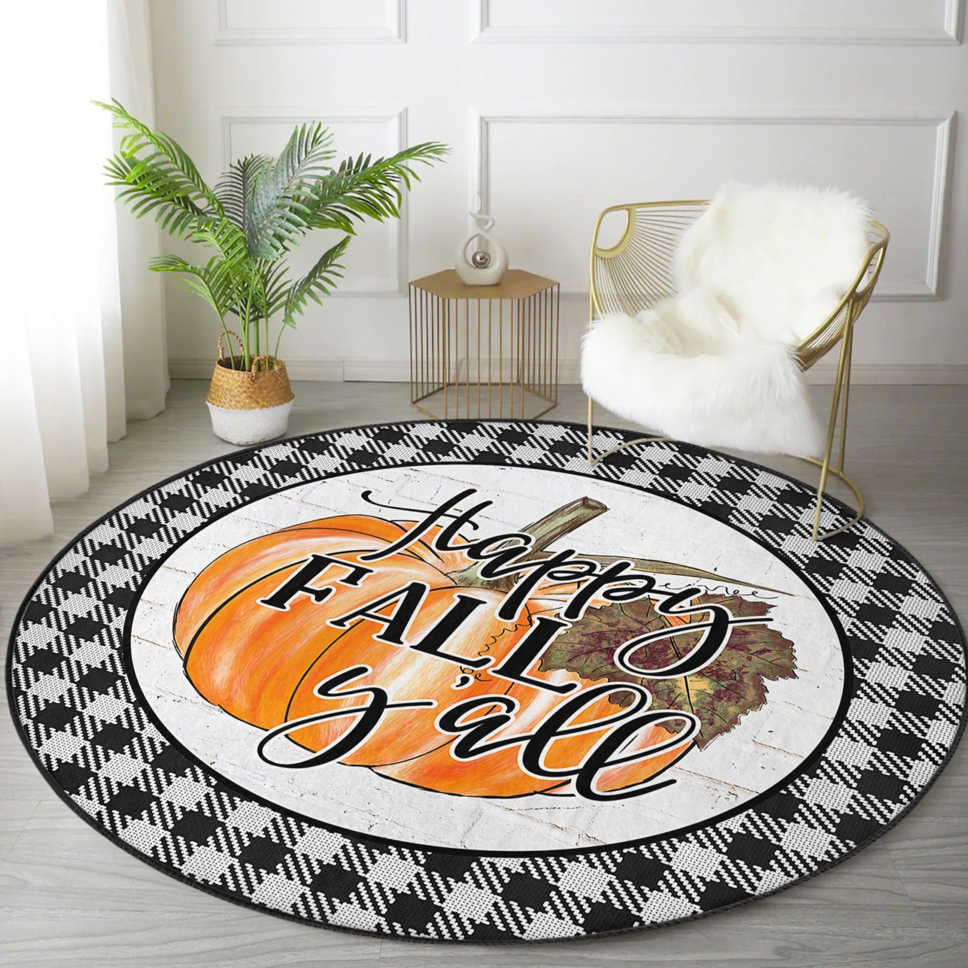 Happy Fall Season Home Decor Washable Round Rug featuring vibrant autumn colors and soft velvet fabric, perfect for seasonal home decor.