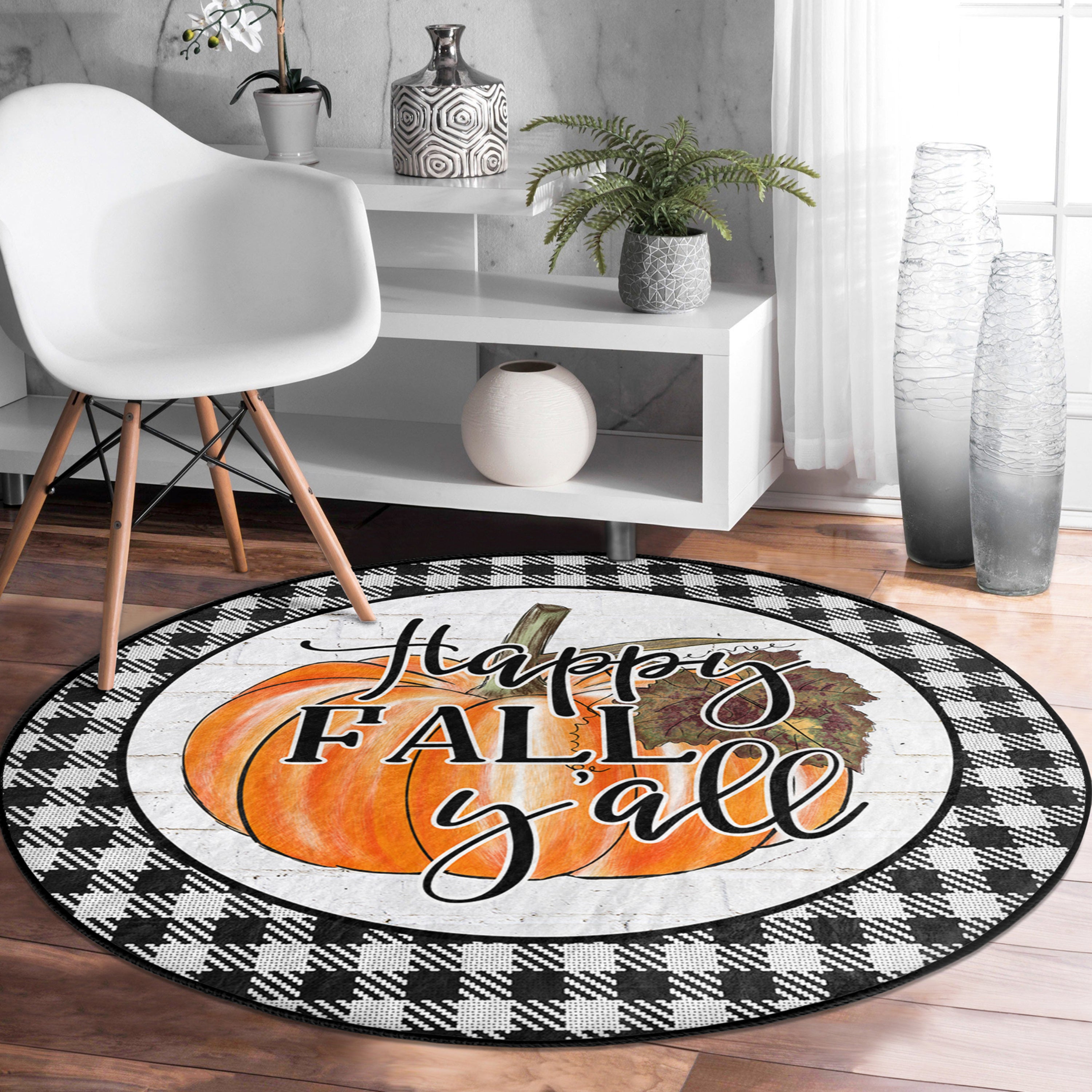 Happy Fall Season Home Decor Washable Round Rug featuring vibrant autumn colors and soft velvet fabric, perfect for seasonal home decor.