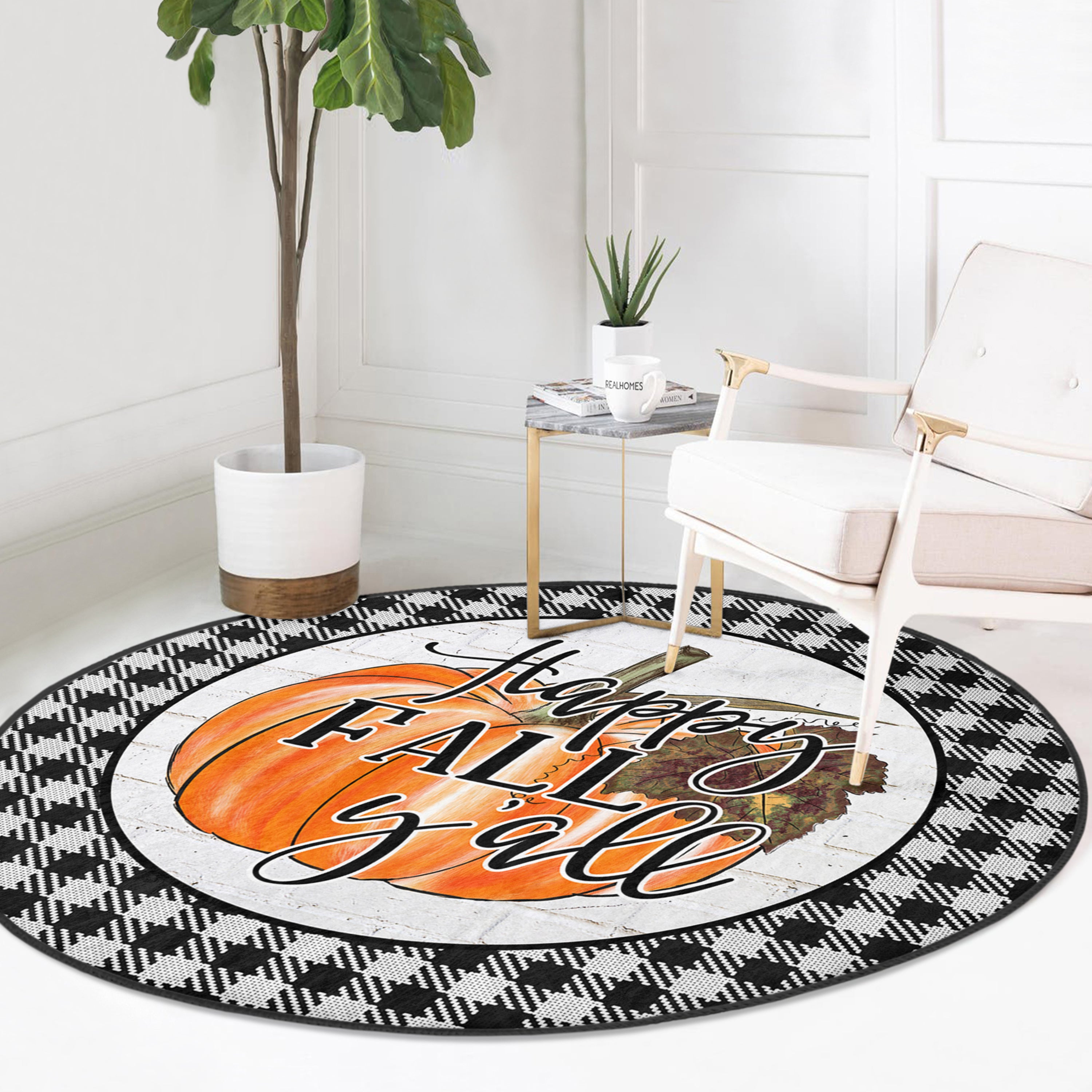 Happy Fall Season Home Decor Washable Round Rug featuring vibrant autumn colors and soft velvet fabric, perfect for seasonal home decor.