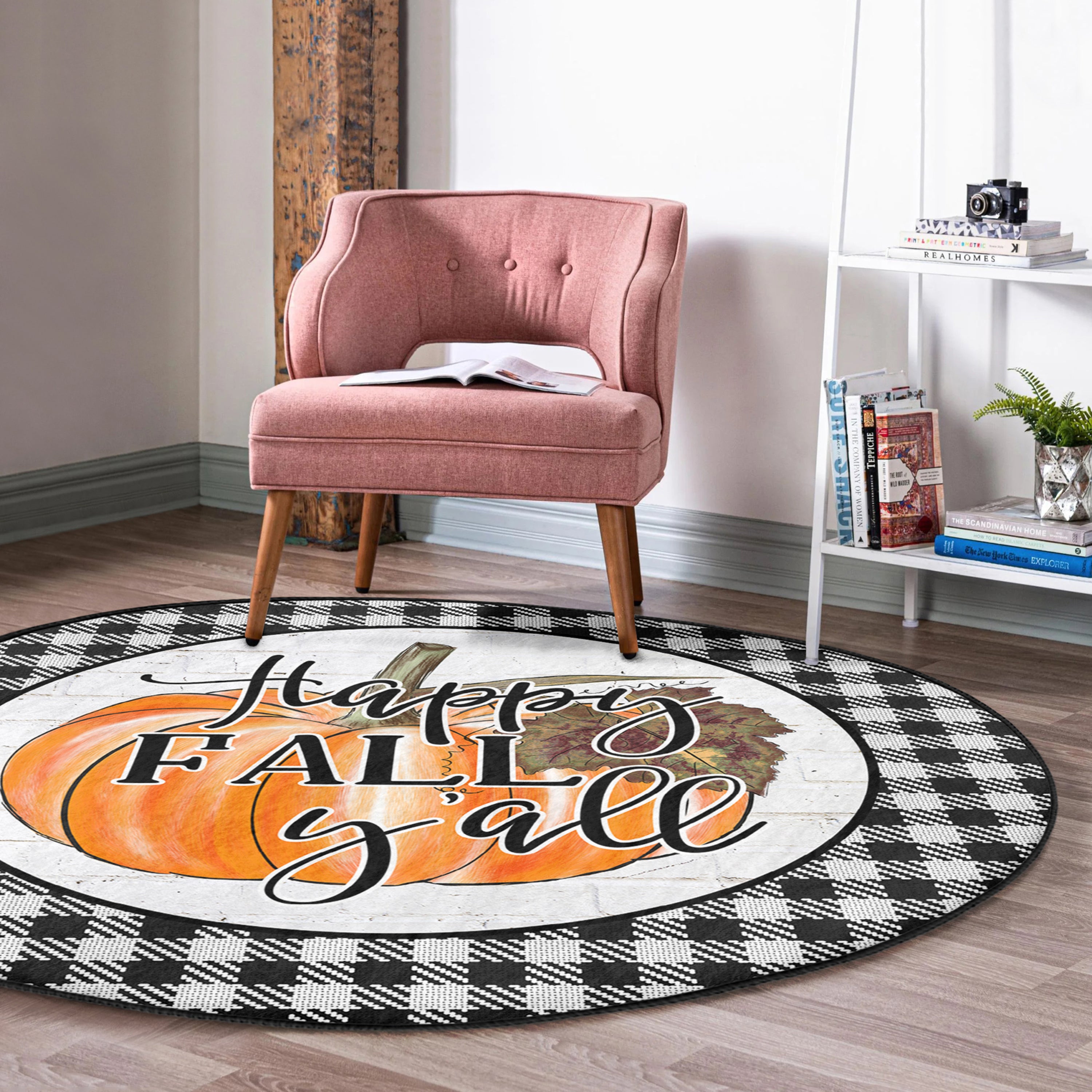Happy Fall Season Home Decor Washable Round Rug featuring vibrant autumn colors and soft velvet fabric, perfect for seasonal home decor.
