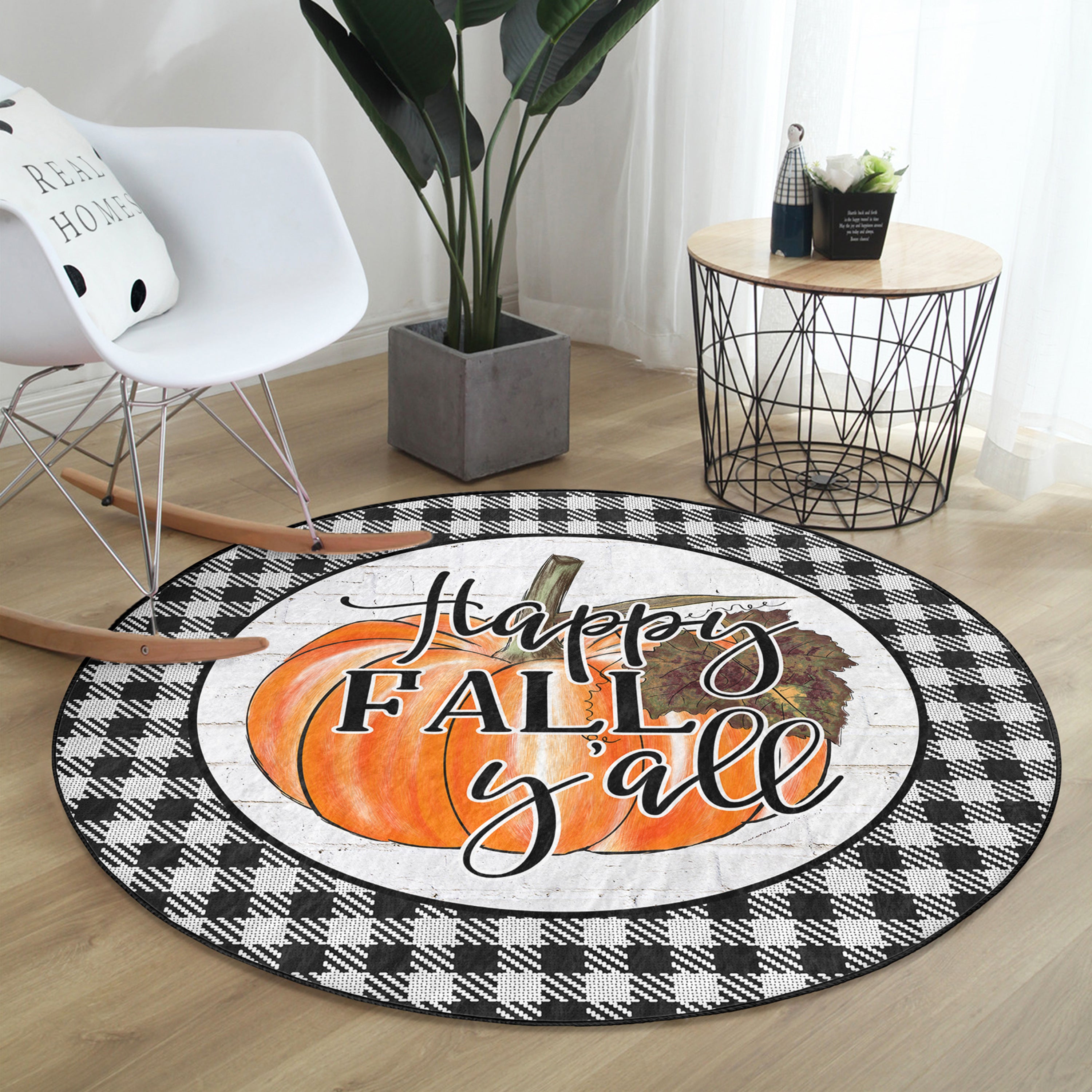 Happy Fall Season Home Decor Washable Round Rug featuring vibrant autumn colors and soft velvet fabric, perfect for seasonal home decor.