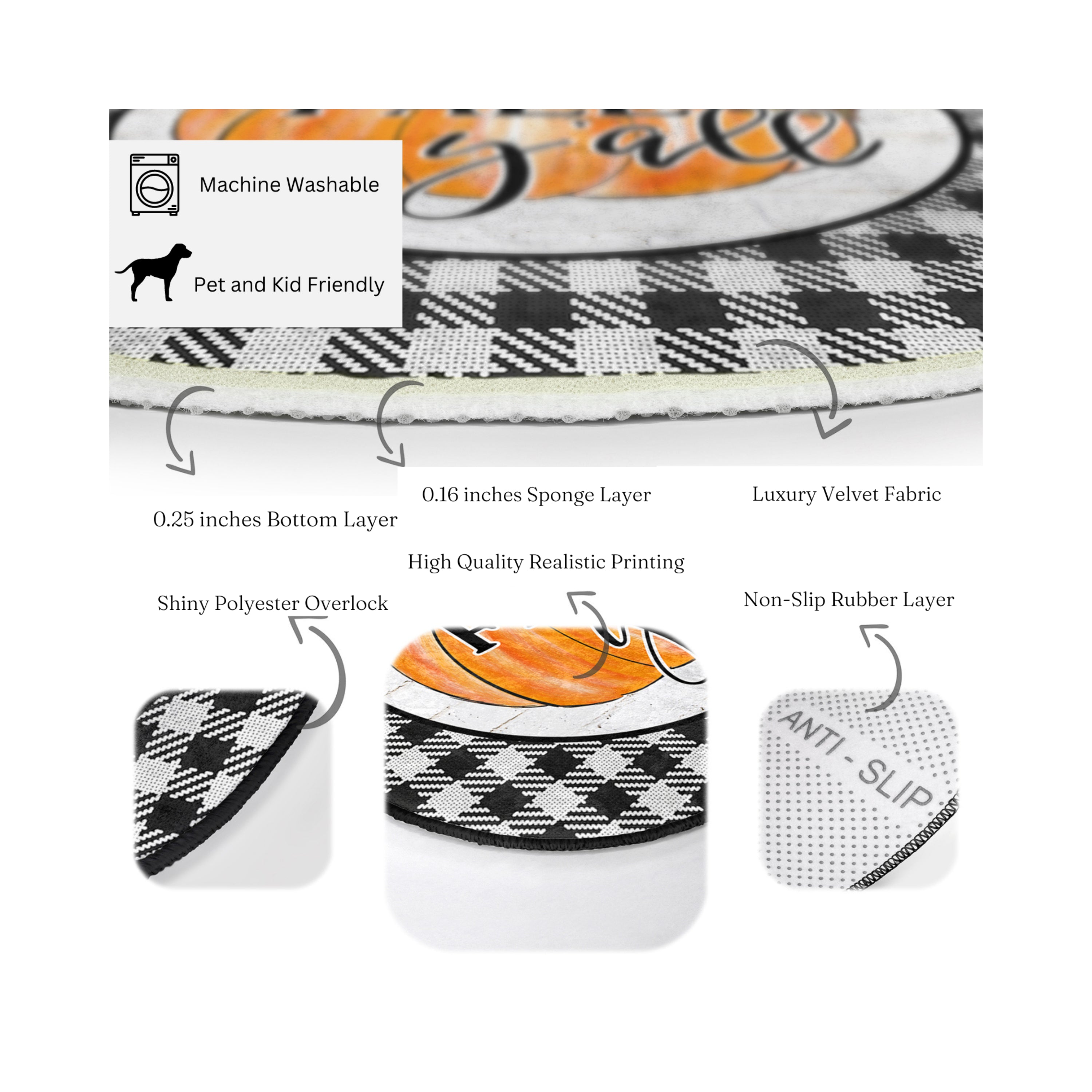 Happy Fall Season Home Decor Washable Round Rug featuring vibrant autumn colors and soft velvet fabric, perfect for seasonal home decor.