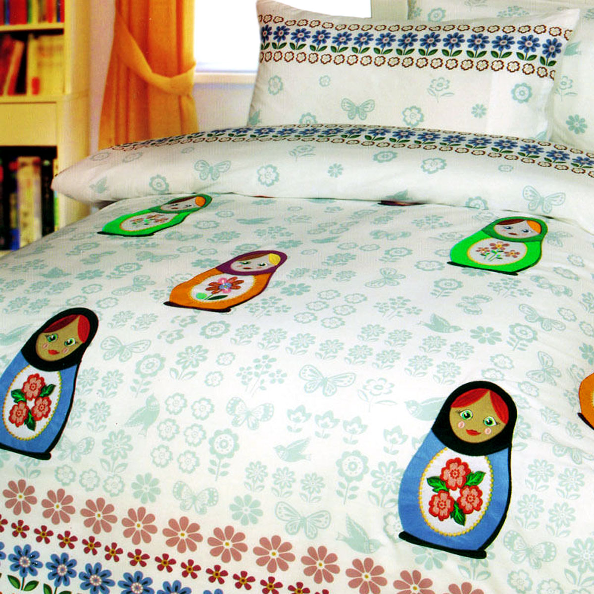 Happy Kids Chenka Quilt Cover Set featuring colorful matryoshka doll embroidery on a soft polyester cotton blend fabric.