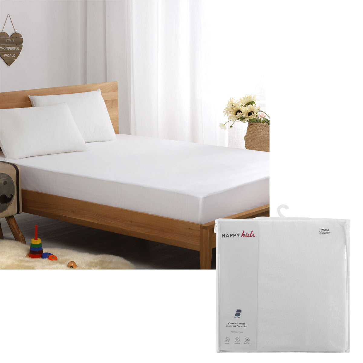 Happy Kids Cotton Flannel Waterproof Mattress Protector in solid color, designed for single mattresses with a fitted skirt.