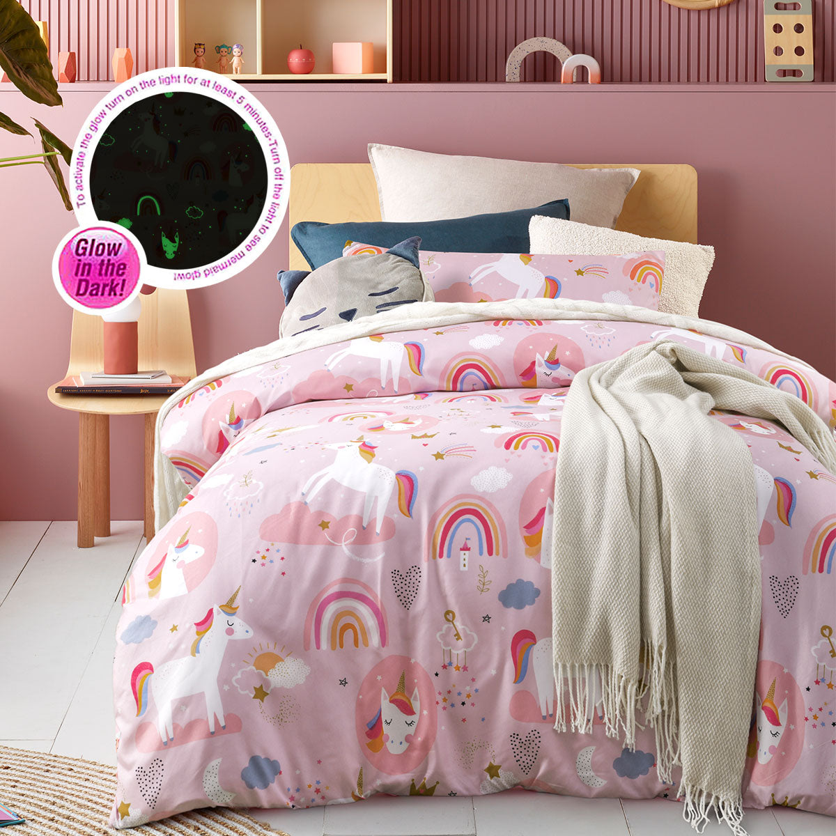 Happy Kids Dream Big Glow in the Dark Quilt Cover Set featuring vibrant colors and fun designs, perfect for children's bedrooms.