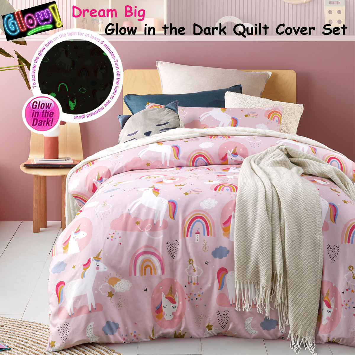 Happy Kids Dream Big Glow in the Dark Quilt Cover Set featuring vibrant colors and fun designs, perfect for children's bedrooms.